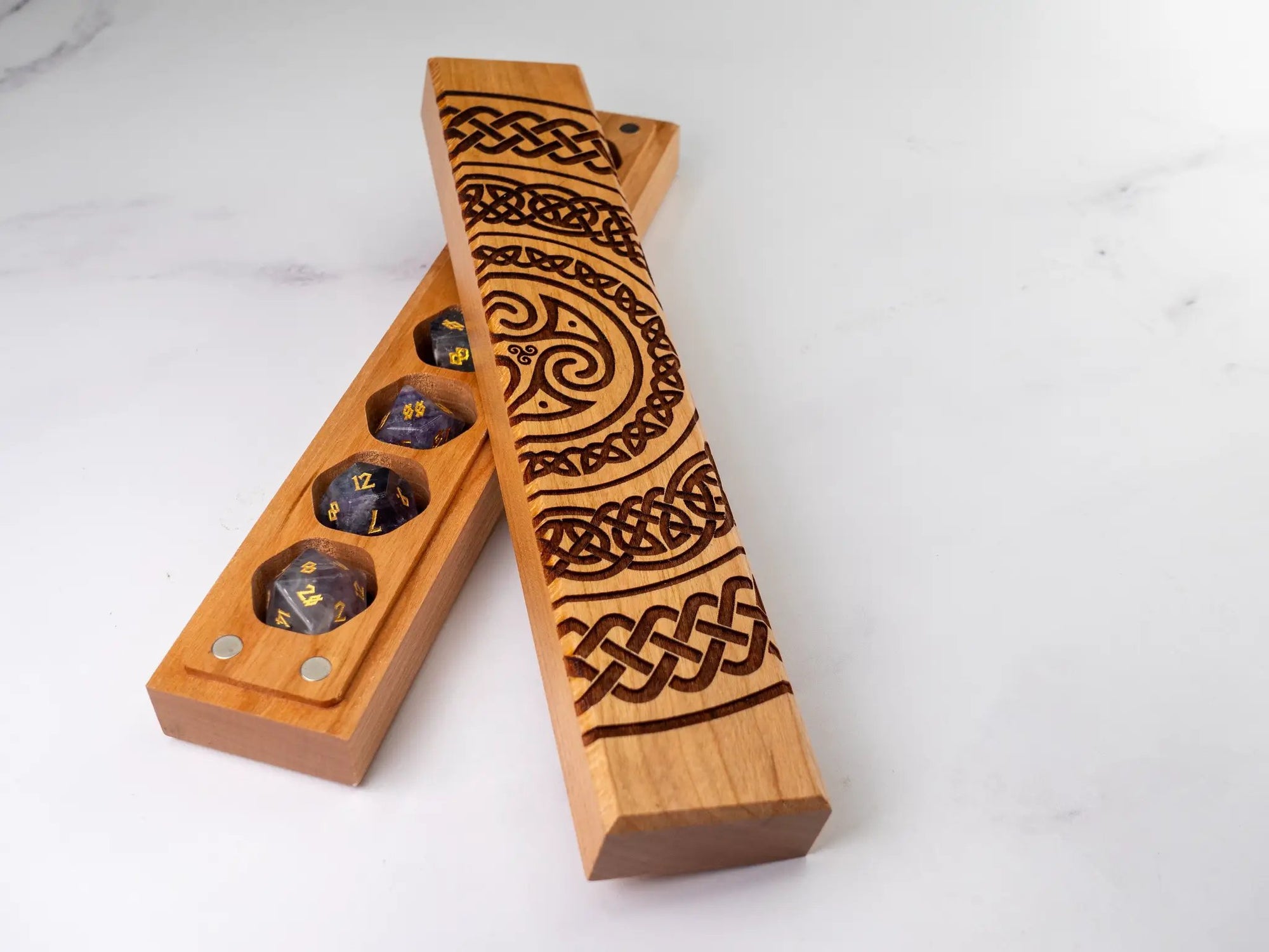 Talon & Claw engraved Celtic rings dice vault in cherry wood with Celtic knot designs and engraved Council of 7 dice motif.