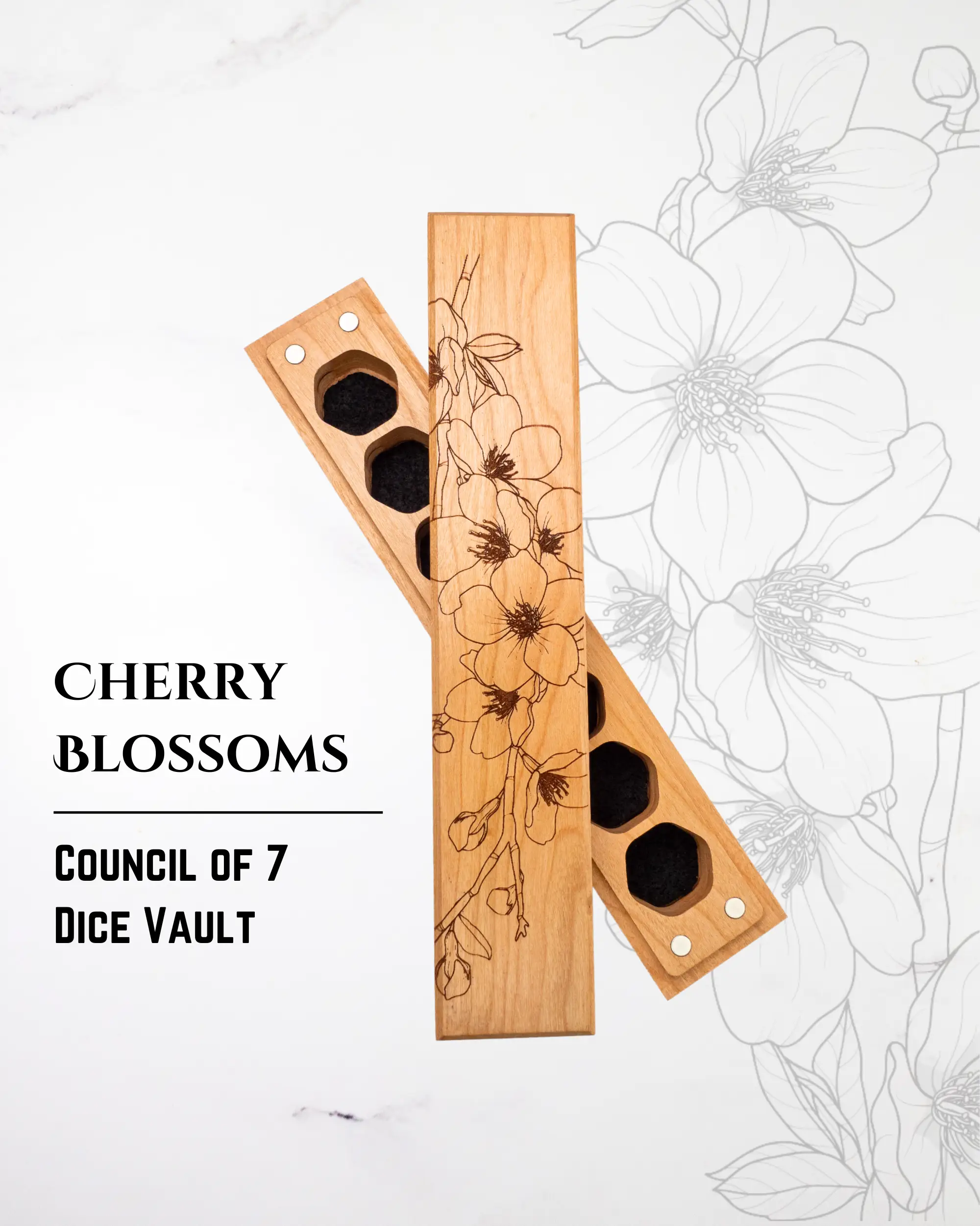 Engraved Cherry Blossoms Talon & Claw Dice Vault for Council of 7 dice, featuring floral design and secure storage.