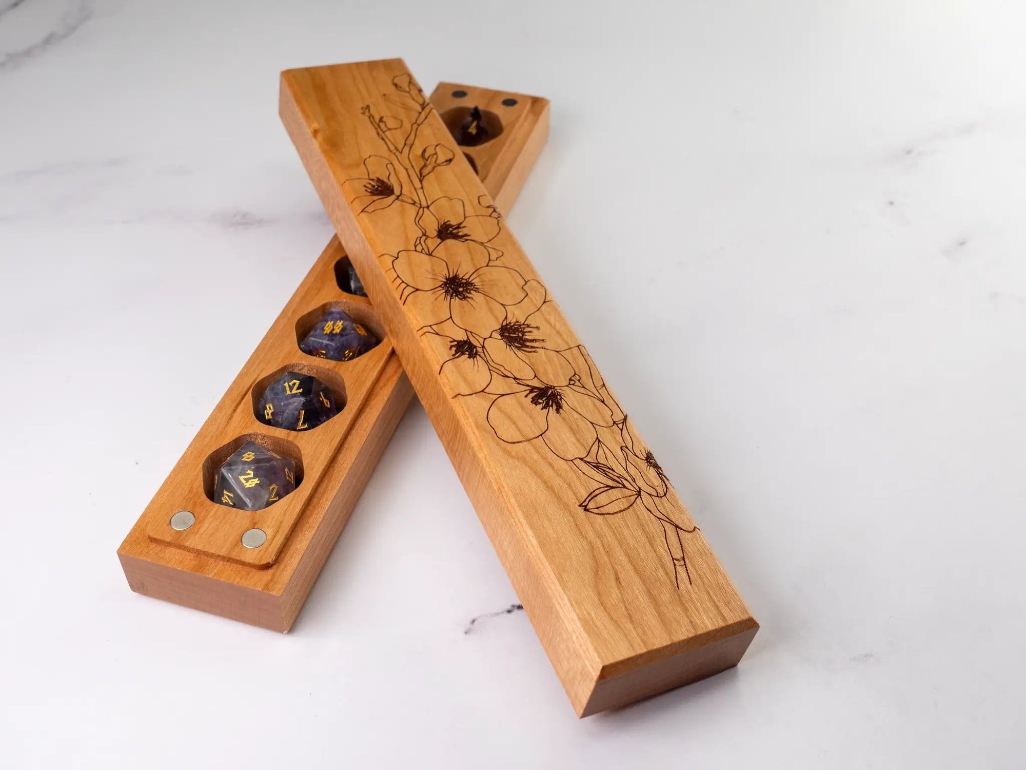 Engraved Cherry Blossoms Dice Vault by Talon & Claw, holds seven council dice, featuring intricate cherry blossom designs.