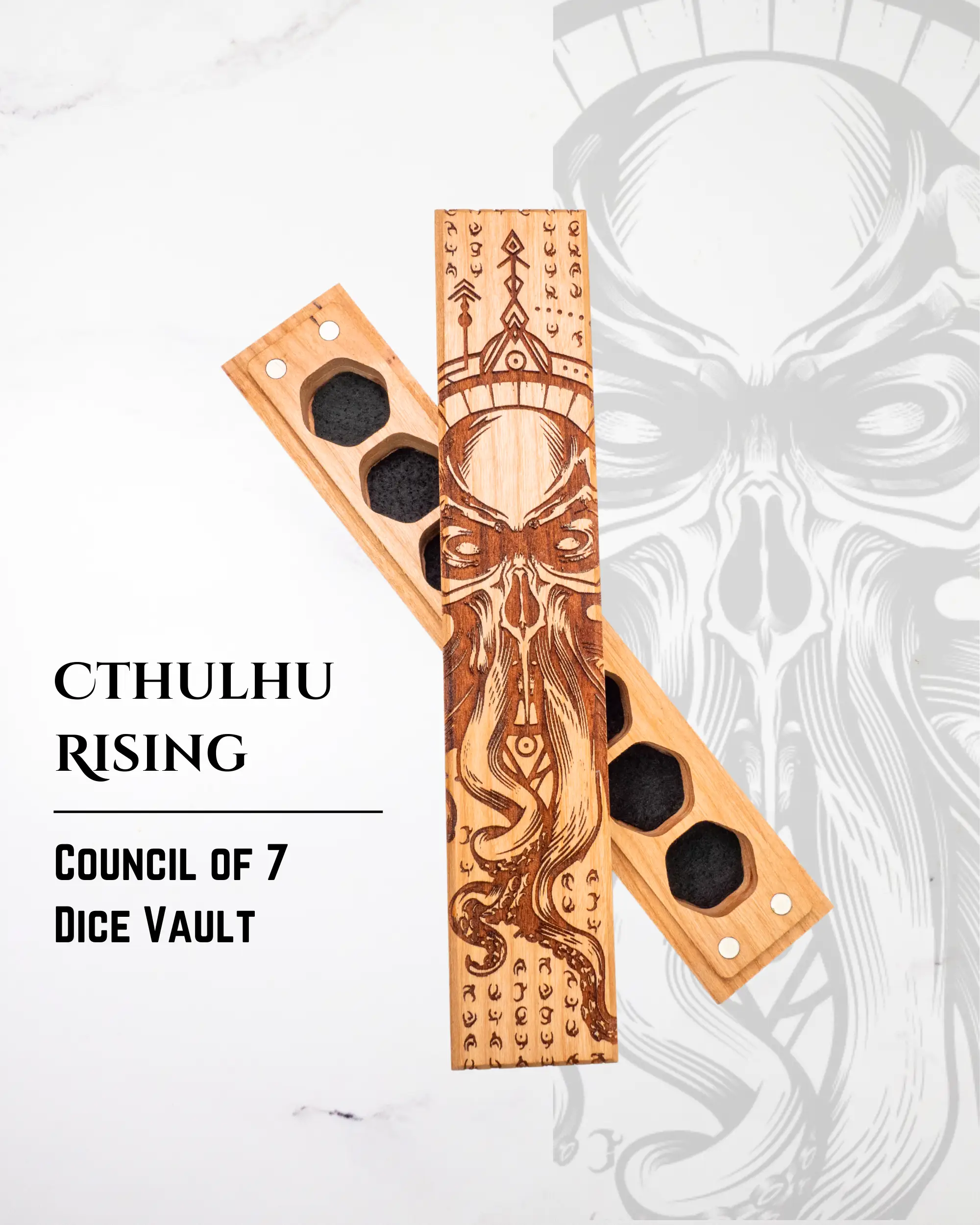 Cherry wood Cthulhu Rising engraved Dice Vault by Talon & Claw, featuring detailed Cthulhu design and engraved Council of 7 motif.