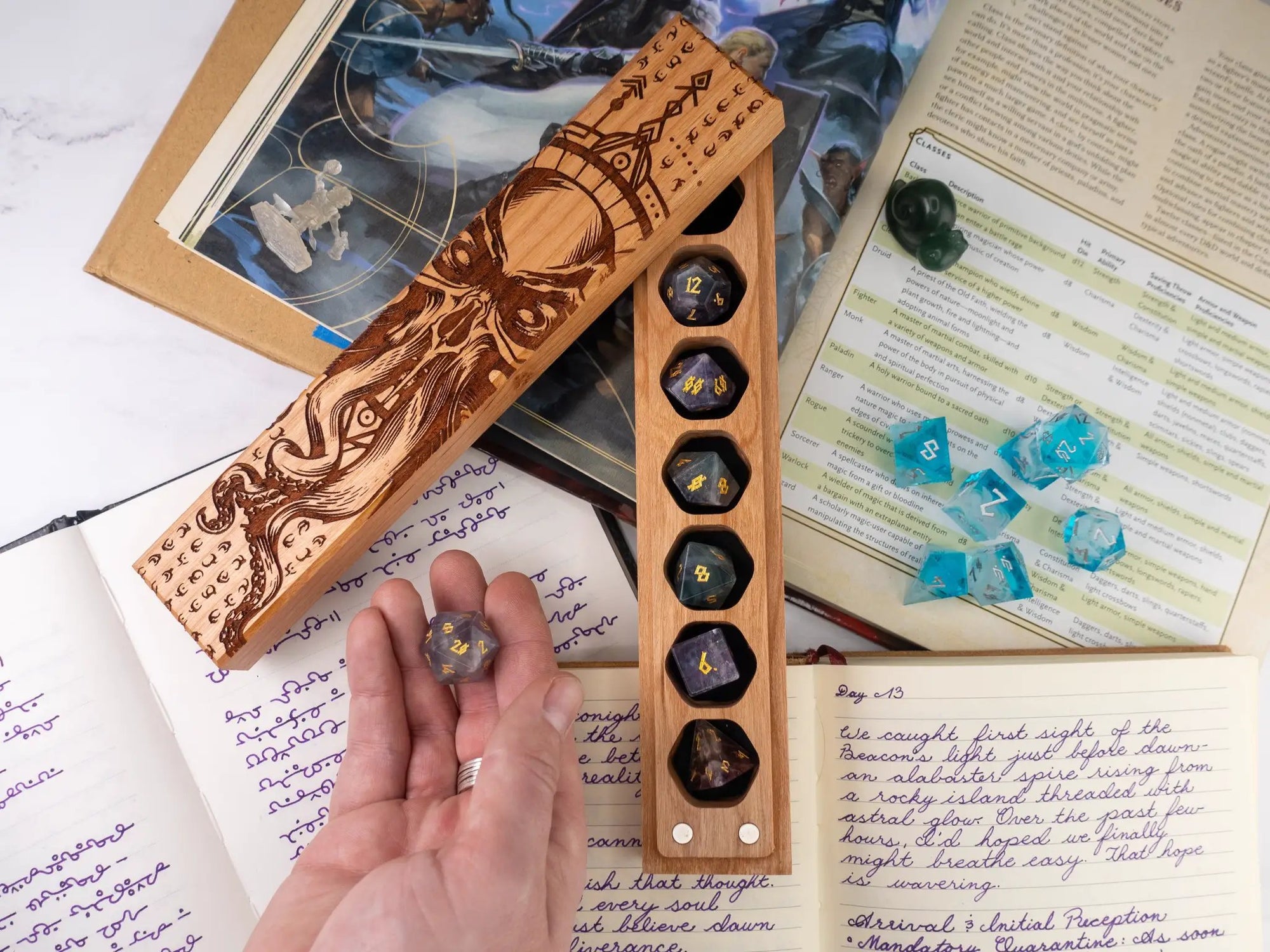 Cherry wood Cthulhu Rising engraved dice vault by Talon & Claw, featuring intricate design and secure storage for game dice.
