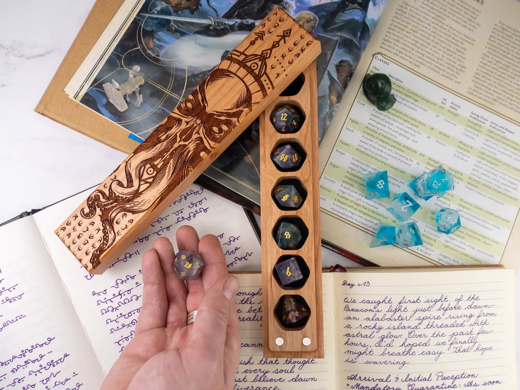 Cherry wood Cthulhu Rising engraved dice vault by Talon & Claw, featuring intricate design and secure storage for game dice.