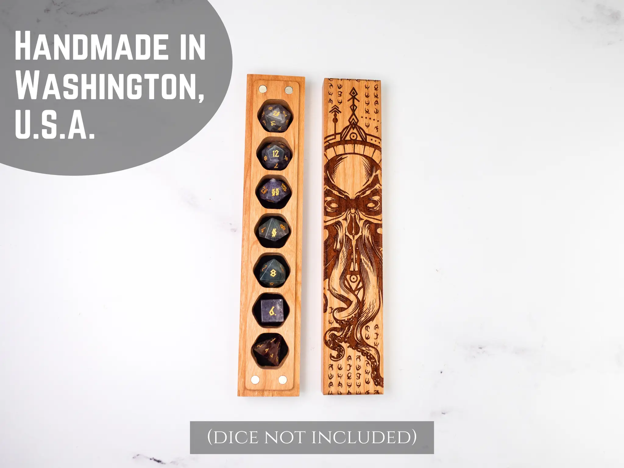 Cherry wood Cthulhu Rising engraved Dice Vault by Talon & Claw for storing your Council of 7 dice.