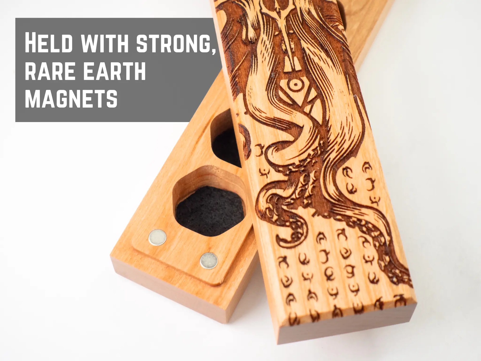 Talon & Claw Cthulhu Rising engraved cherry wood dice vault with intricate Council of 7 design for storing gaming dice.