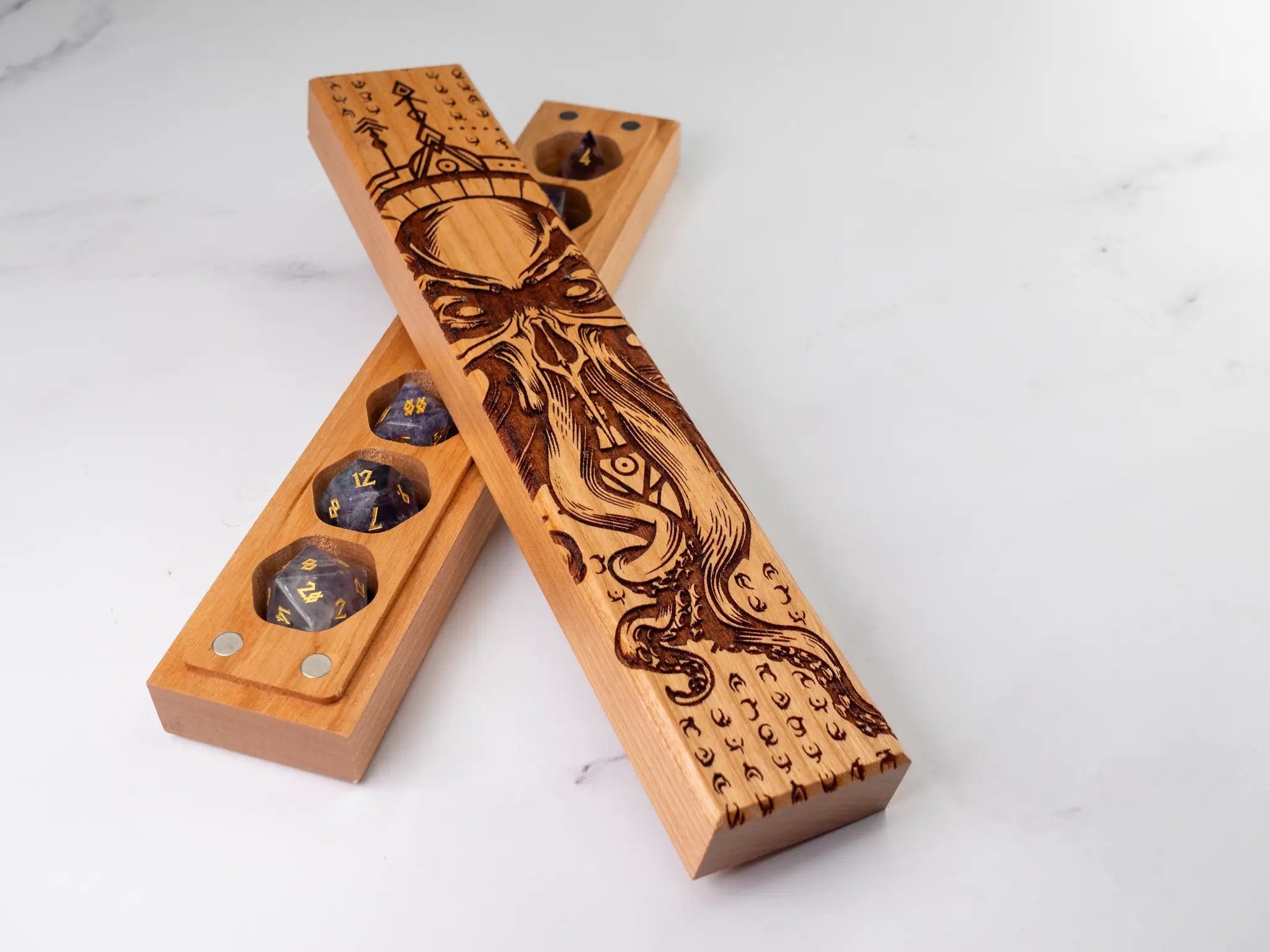 Cherry wood Cthulhu Rising engraved Dice Vault by Talon & Claw, featuring intricate Cthulhu design for storing gaming dice.