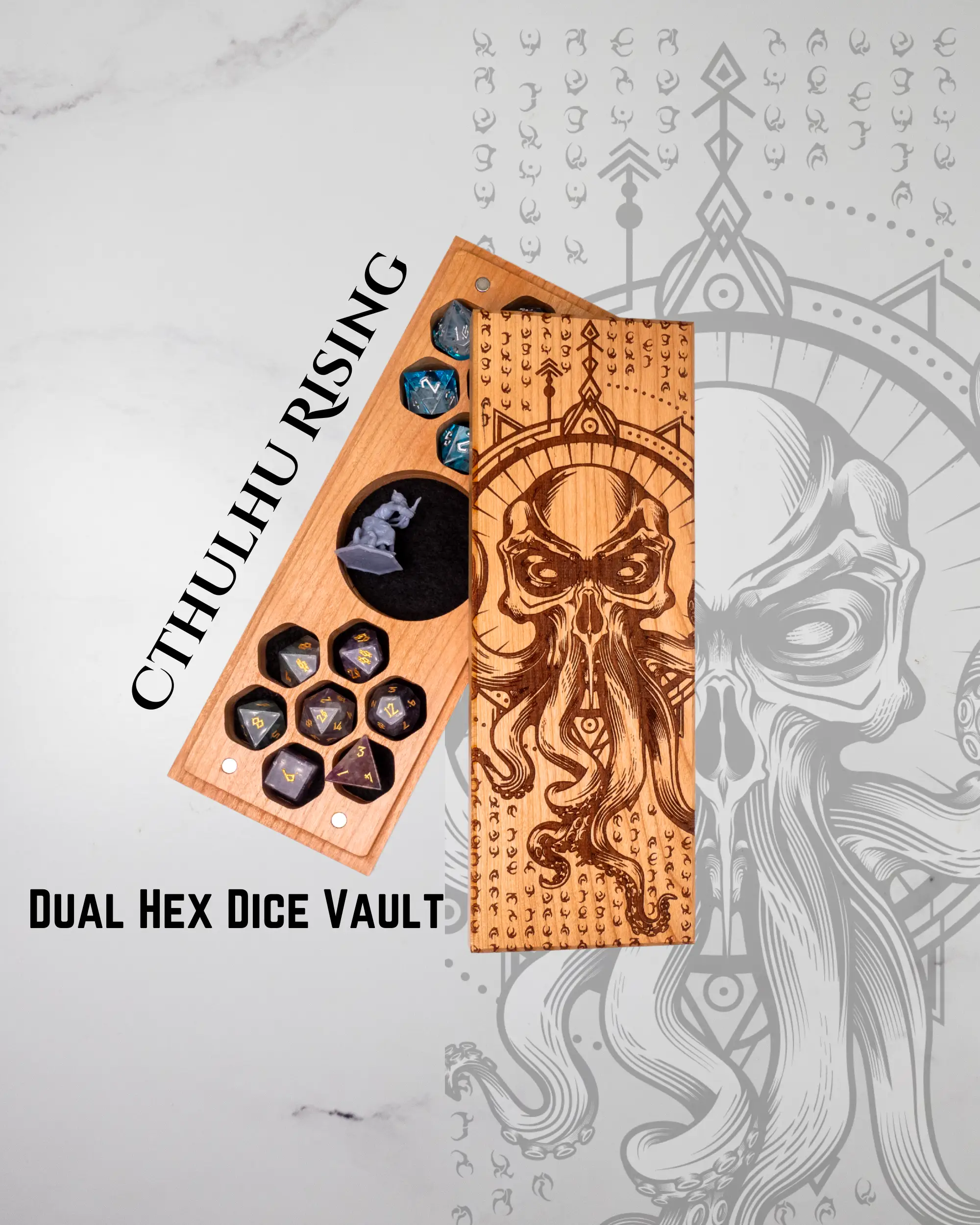Talon & Claw Cthulhu Rising engraved dual hex dice vault in cherry wood with intricate Cthulhu design and secure lid.