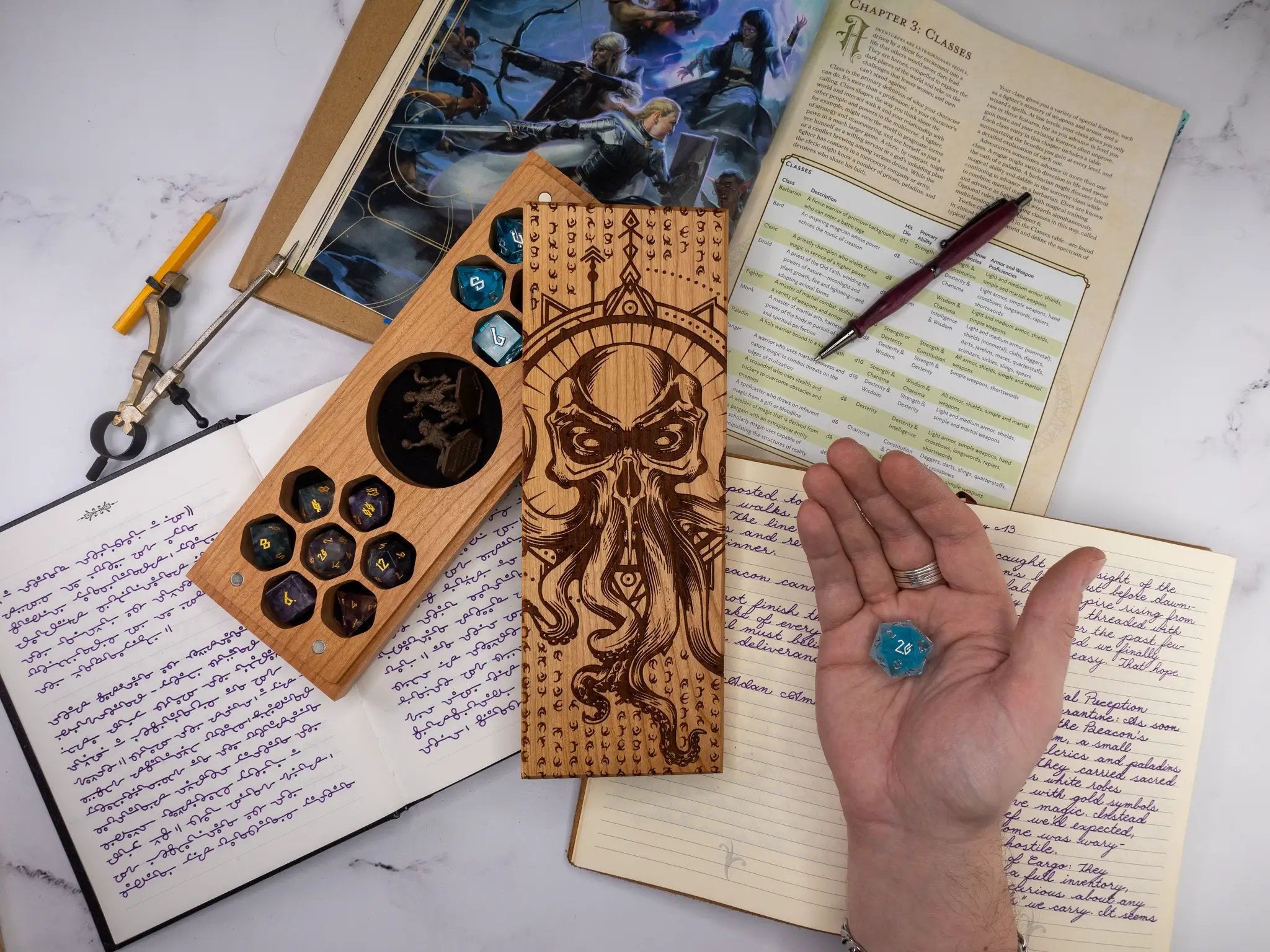 Talon & Claw Cthulhu Rising engraved dual hex dice vault in cherry wood with intricate Cthulhu design for tabletop gaming storage