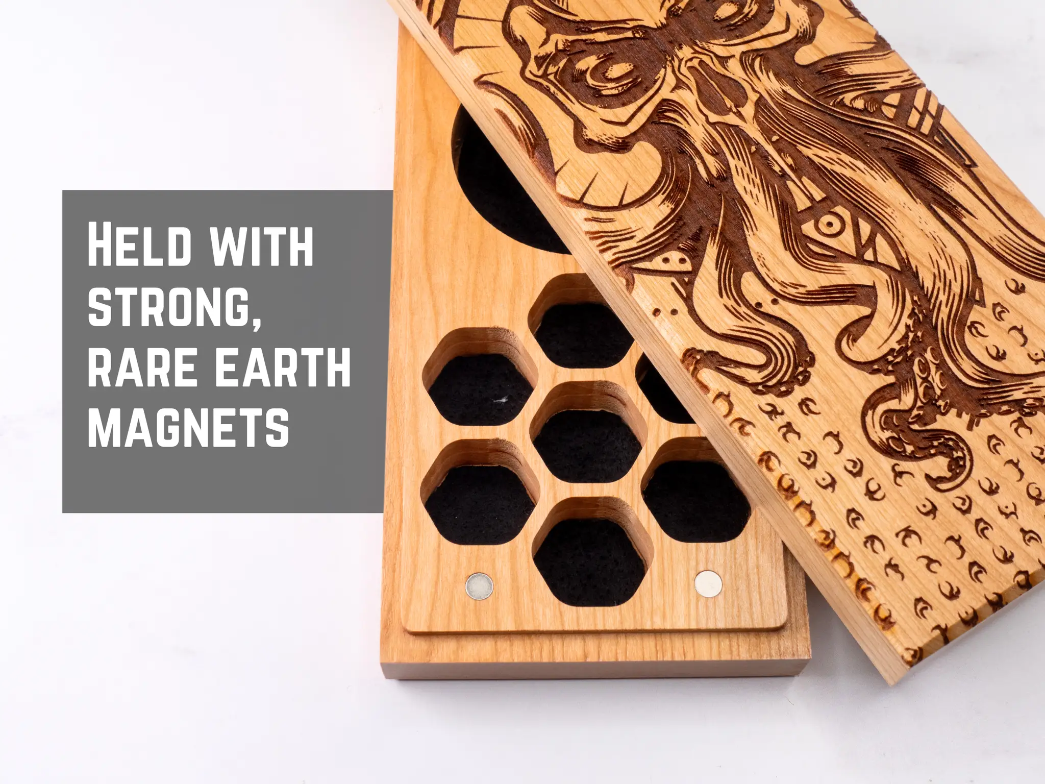 Cherry wood Cthulhu Rising engraved dual hex dice vault by Talon & Claw, showcasing detailed nautical tentacle design.