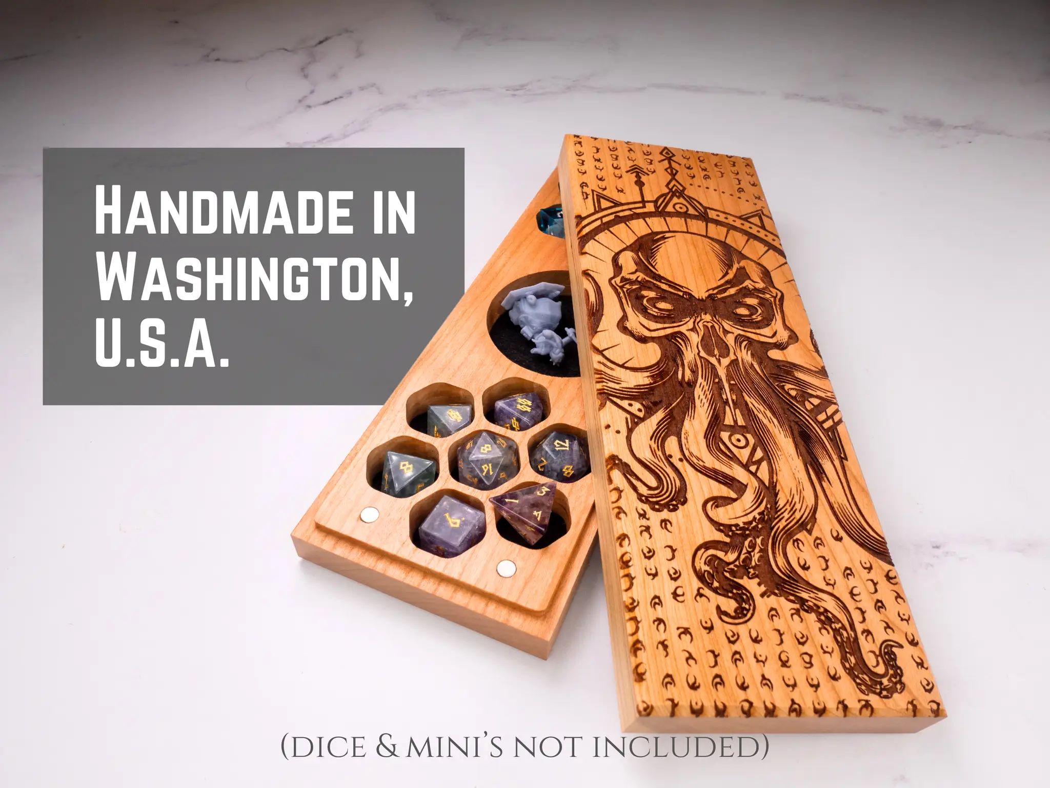 Talon & Claw Cthulhu Rising engraved dual hex dice vault in cherry wood with intricate Cthulhu design and secure lid.