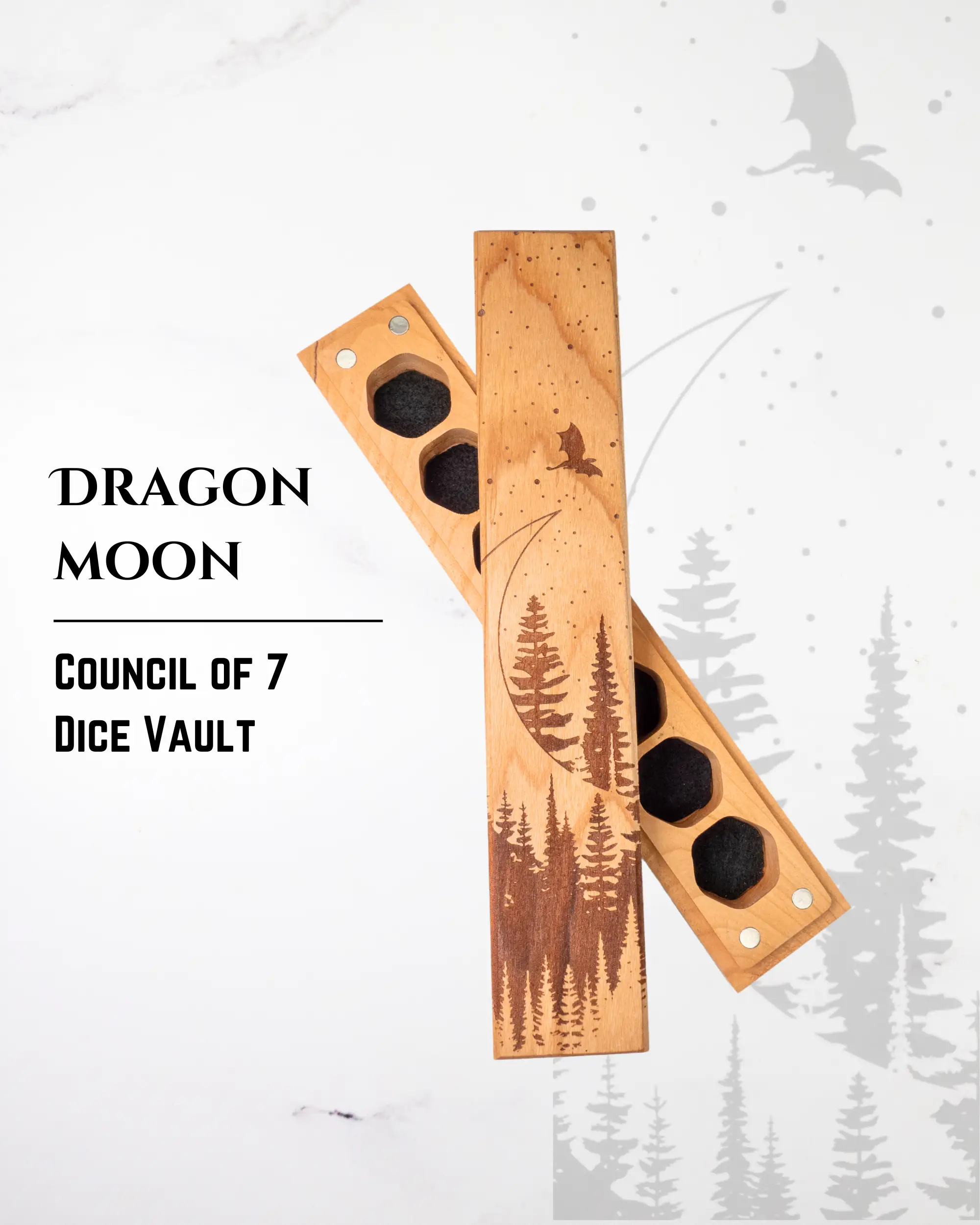 Cherry wood Dragon Moon engraved dice vault by Talon & Claw, with intricate dragon-themed design and space for seven dice.