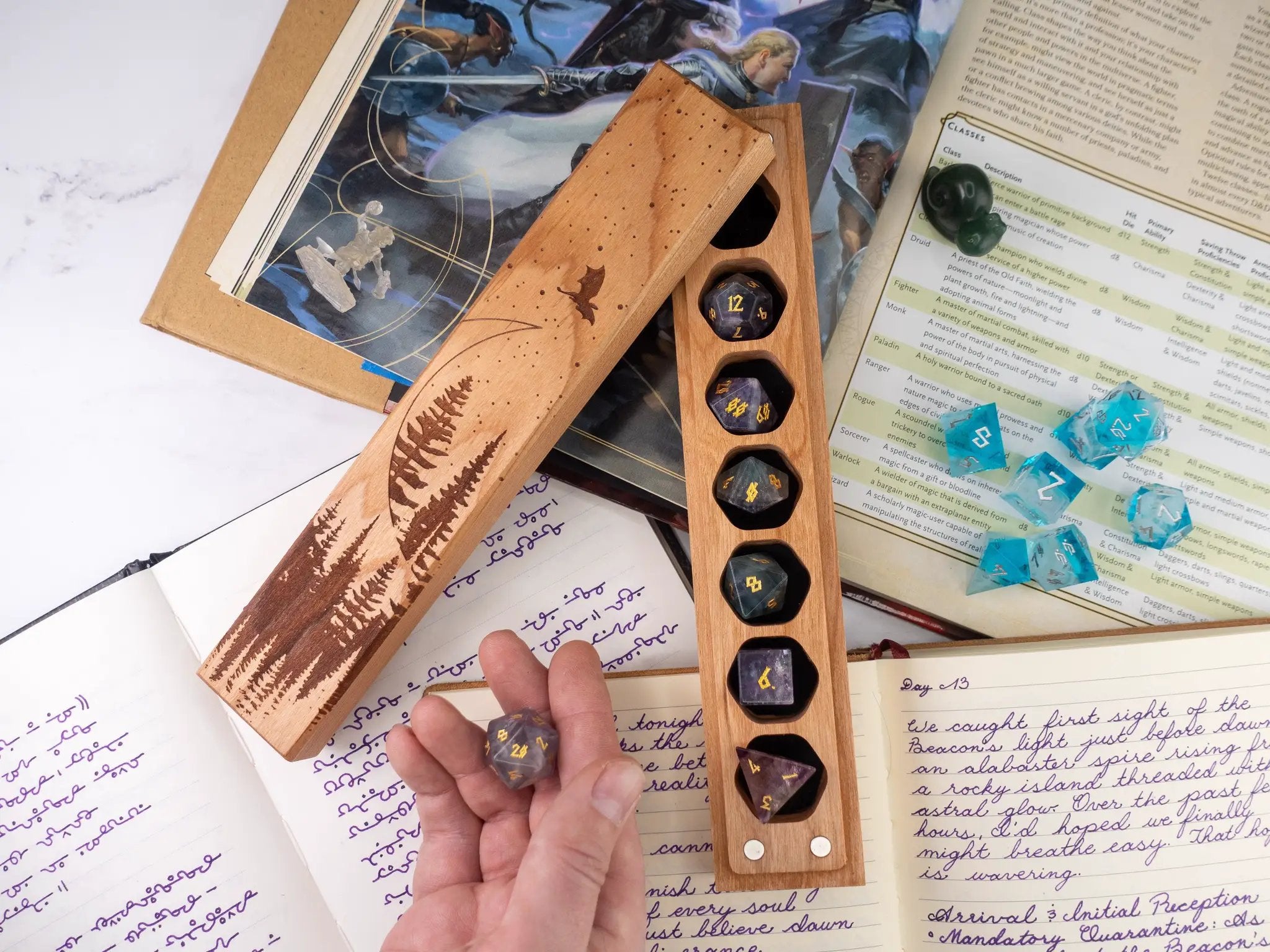 Talon & Claw Dragon Moon engraved cherry wood dice vault with intricate council of 7 design for storing gaming dice.