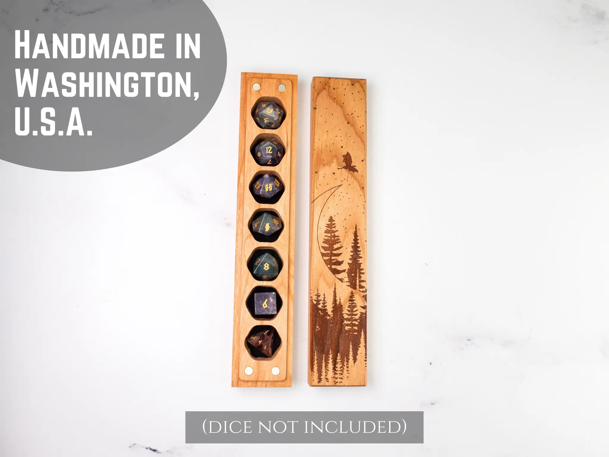 Cherry wood Dragon Moon engraved dice vault by Talon & Claw, featuring intricate dragon moon design and space for seven dice.