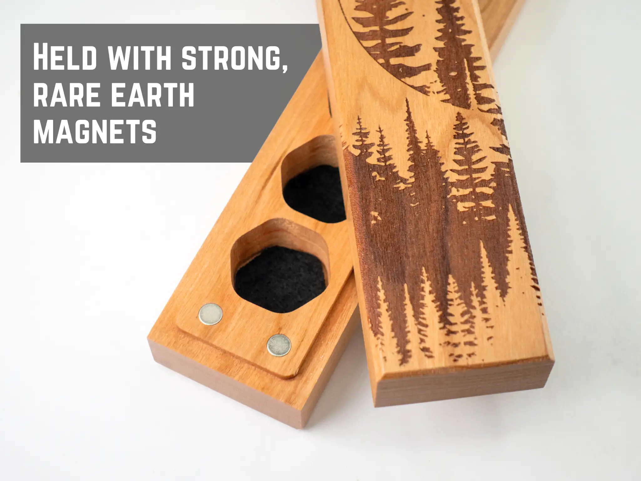 Cherry wood Dragon Moon engraved dice vault by Talon & Claw, designed to hold and protect a set of seven dice.