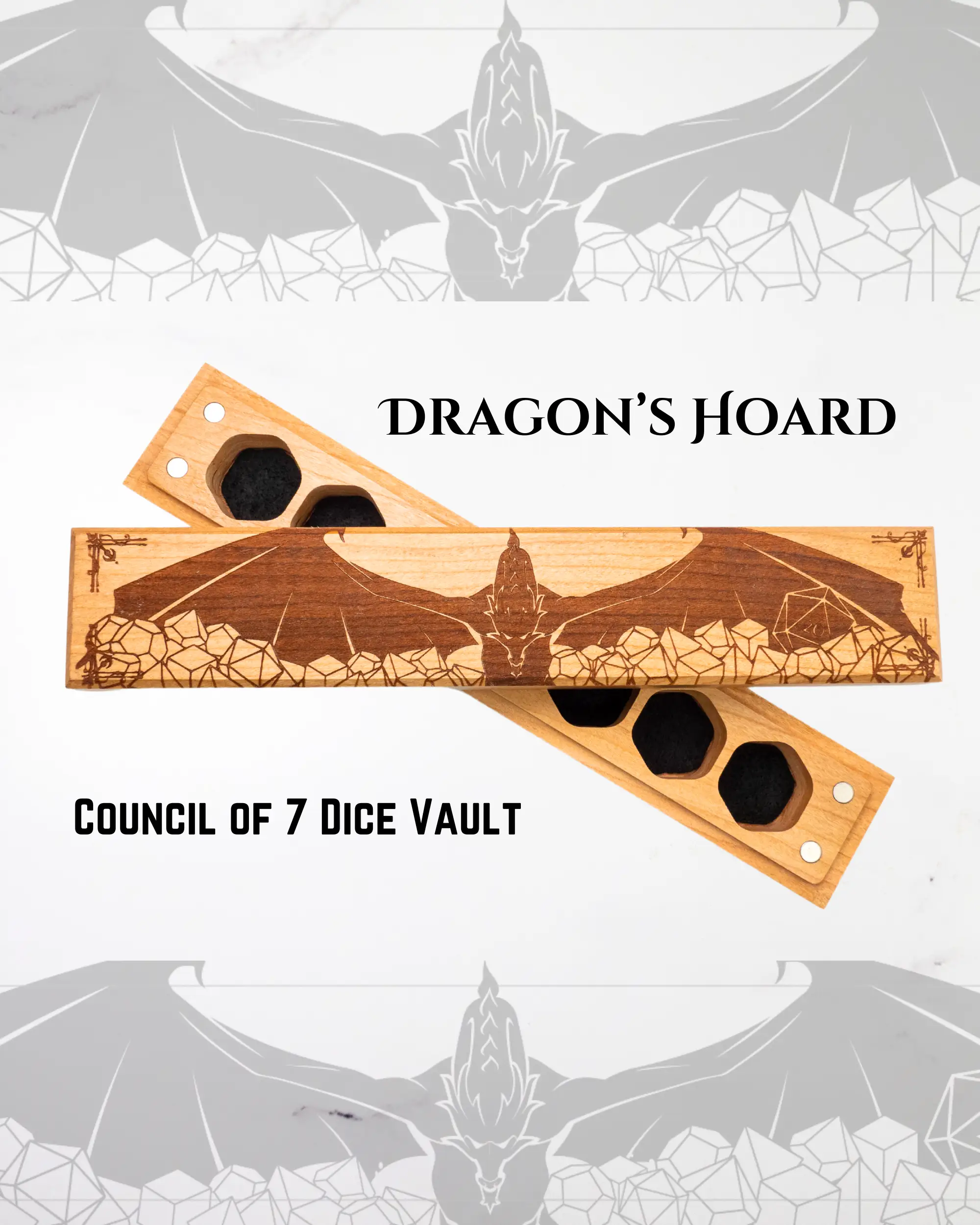 Cherry wood Dragon's Hoard dice vault with engraved dragon design and Council of 7 logo by Talon & Claw for tabletop gaming storage.