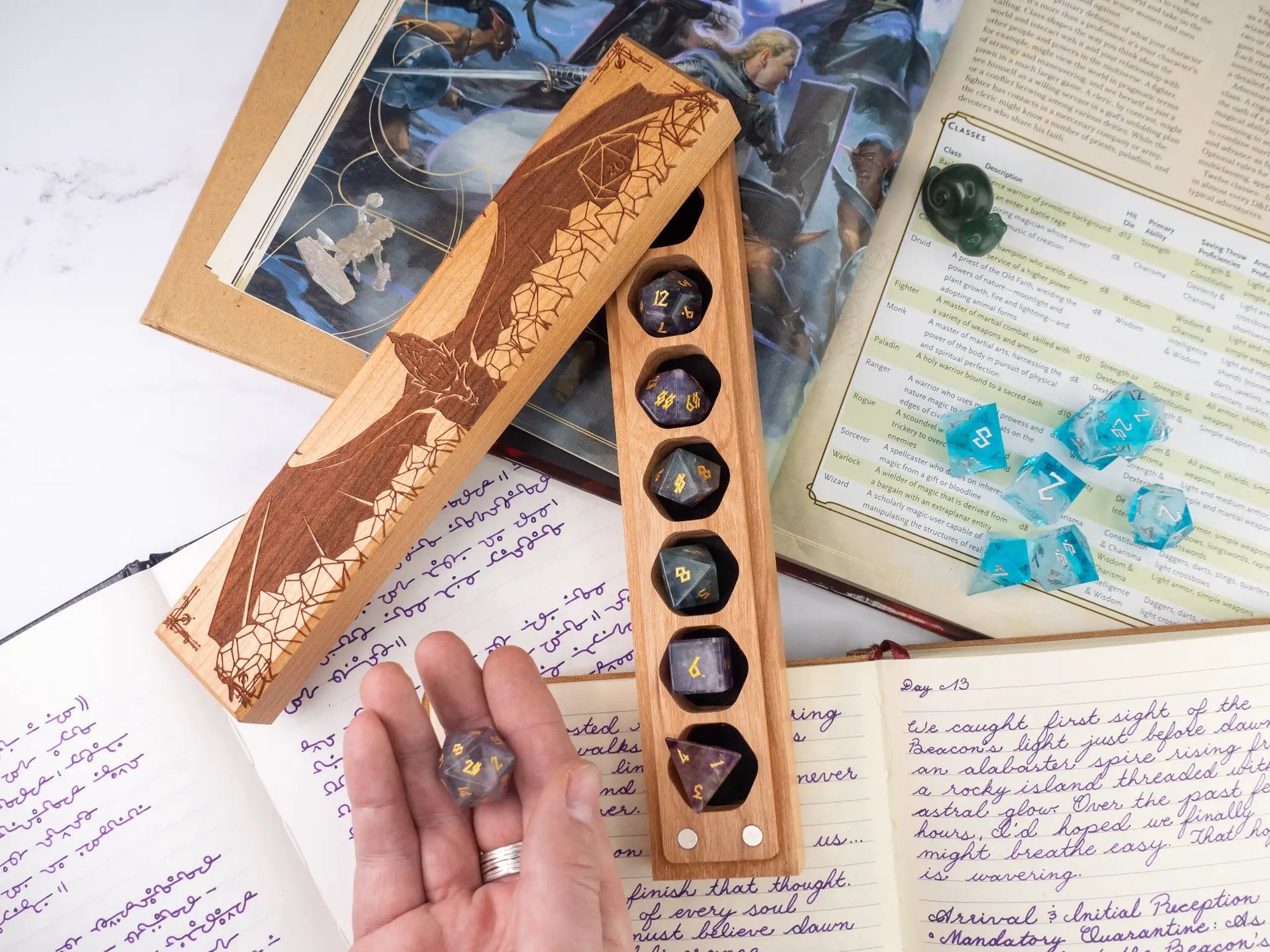 Cherry wood Dragon's Hoard engraved Council of 7 Dice Vault by Talon & Claw, featuring detailed dragon and council engravings.