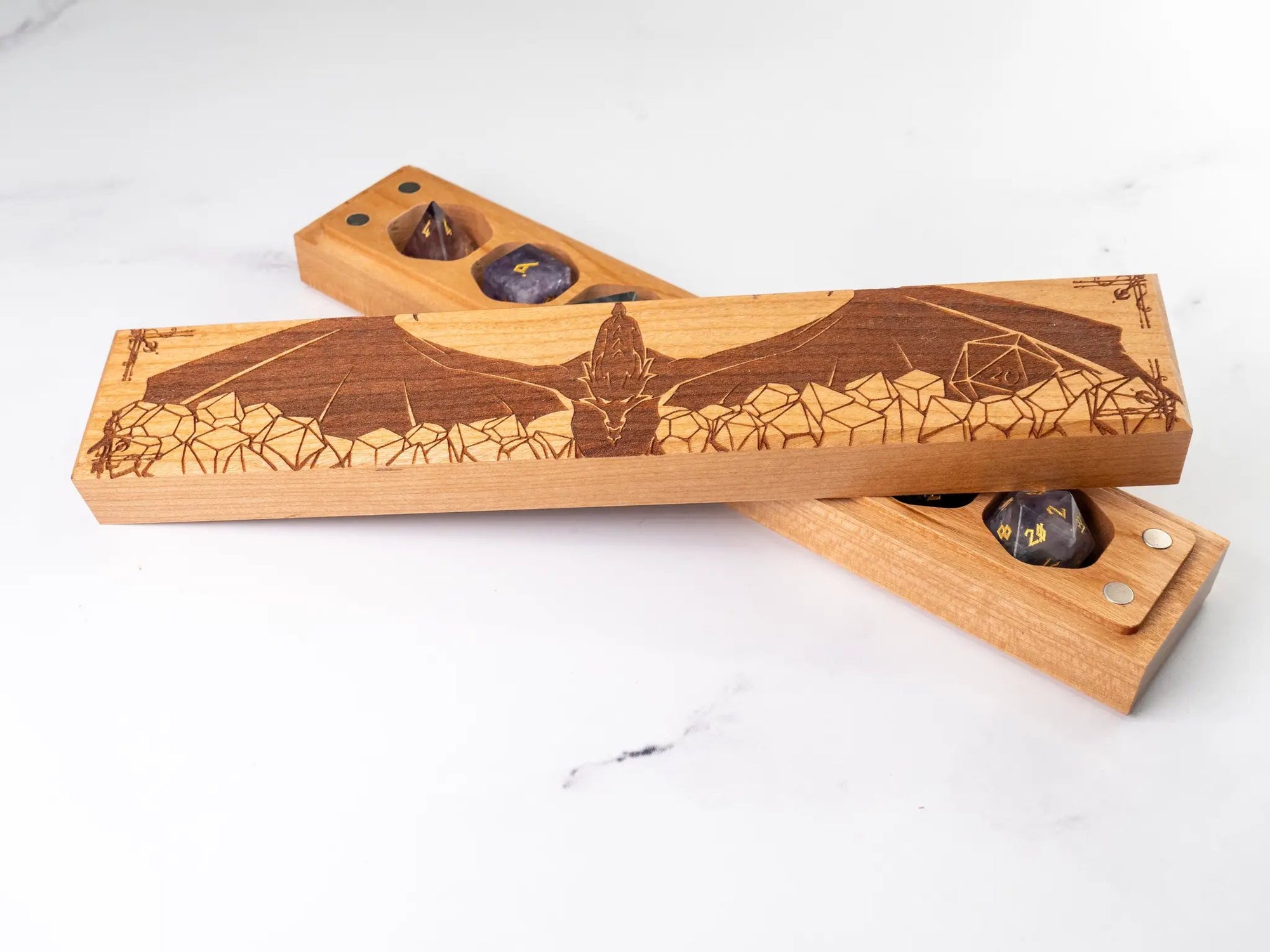 Talon & Claw Dragon's Hoard engraved cherry wood dice vault with intricate dragon design and Council of 7 logo for tabletop gaming