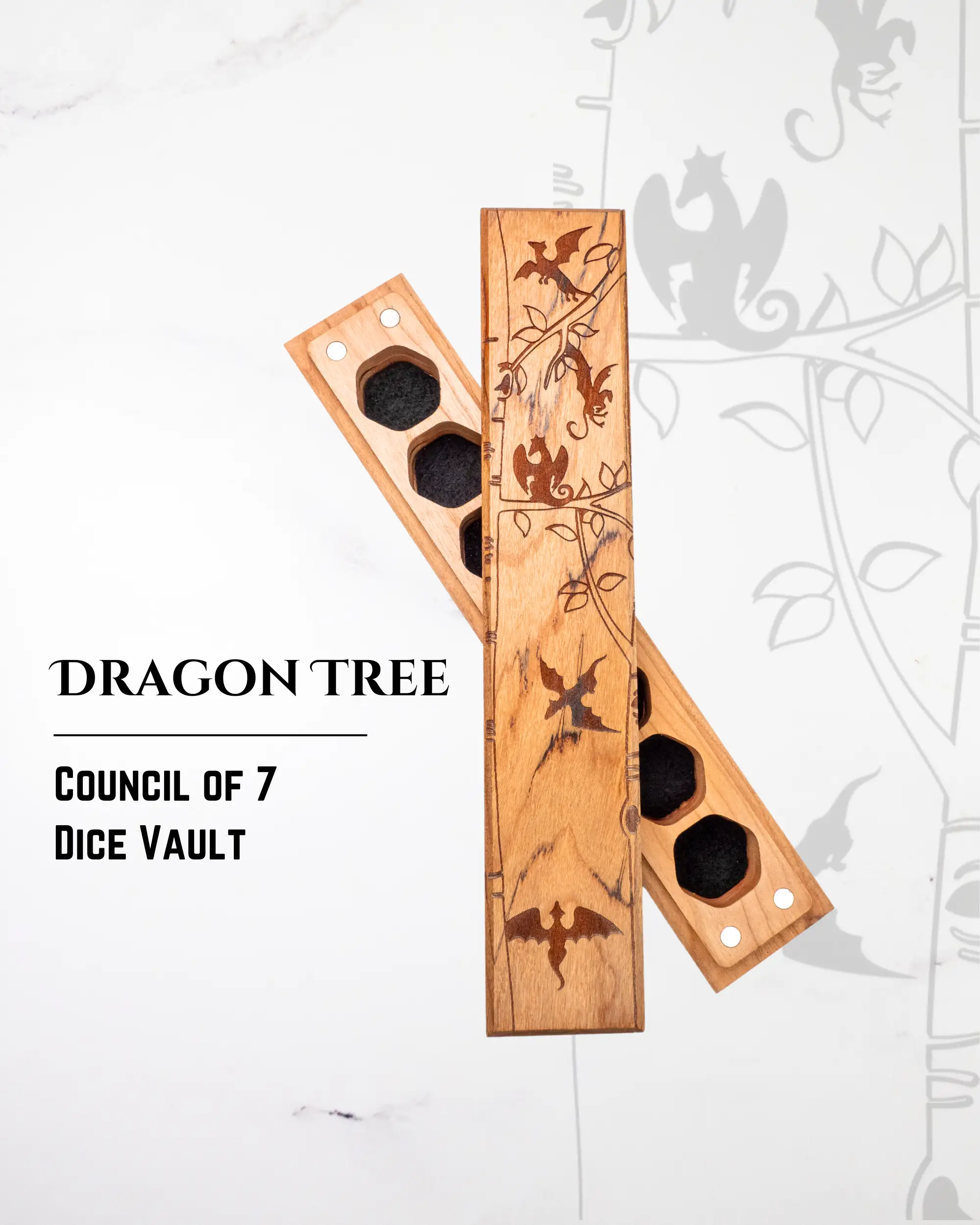 Cherry wood Dragon Tree engraved dice vault by Talon & Claw, featuring intricate dragon tree design for storing seven dice.