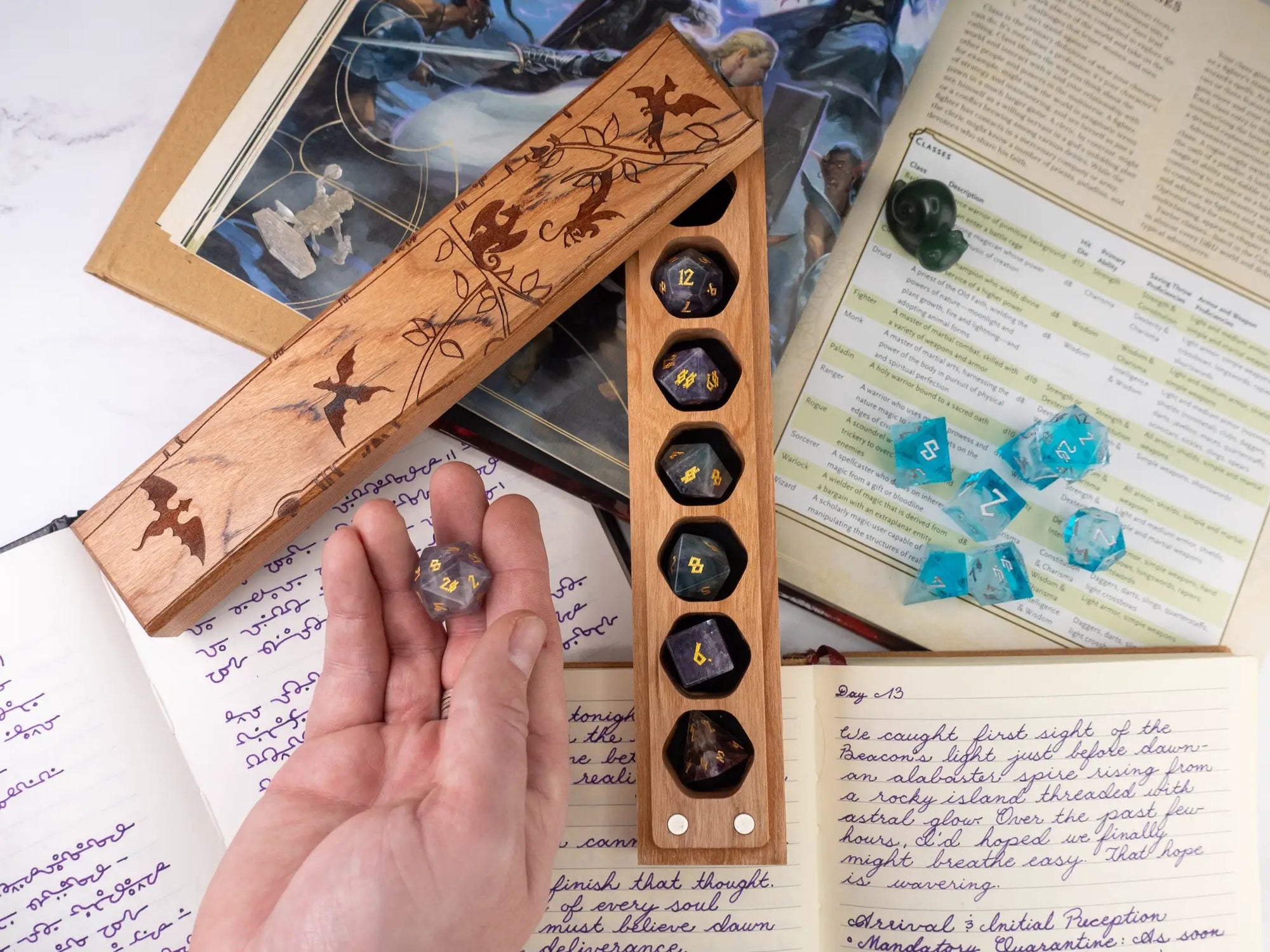 Cherry wood Dragon Tree engraved dice vault by Talon & Claw, featuring detailed Dragon Tree design engraved on a compact dice storage container.