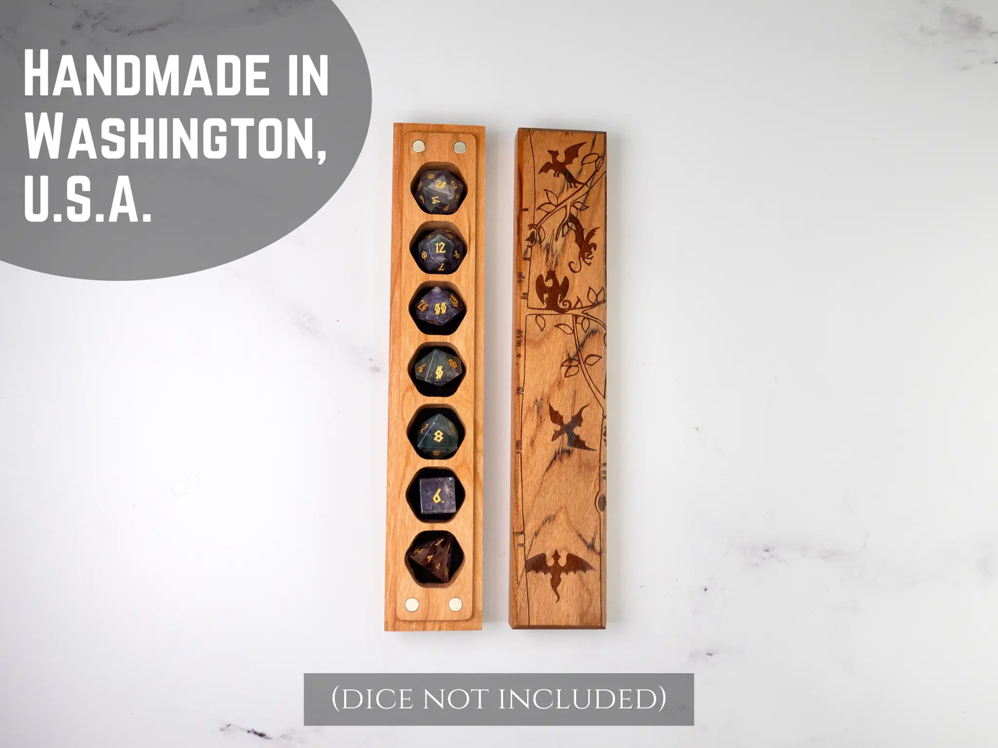 Cherry wood Dragon Tree engraved dice vault by Talon & Claw, featuring detailed dragon and tree engravings for storing dice.