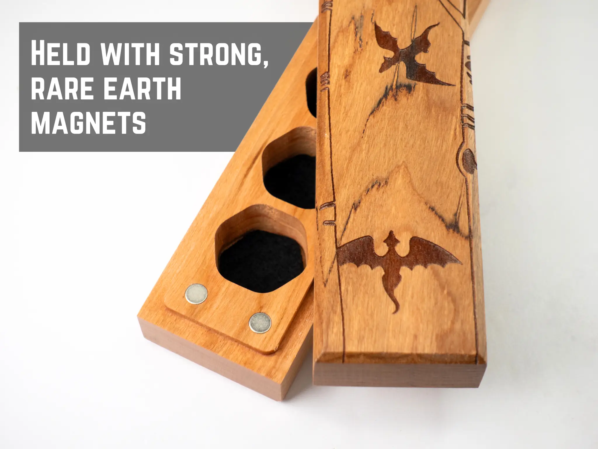 Cherry wood Dragon Tree engraved dice vault by Talon & Claw, featuring intricate dragon and tree designs for storing gaming dice.
