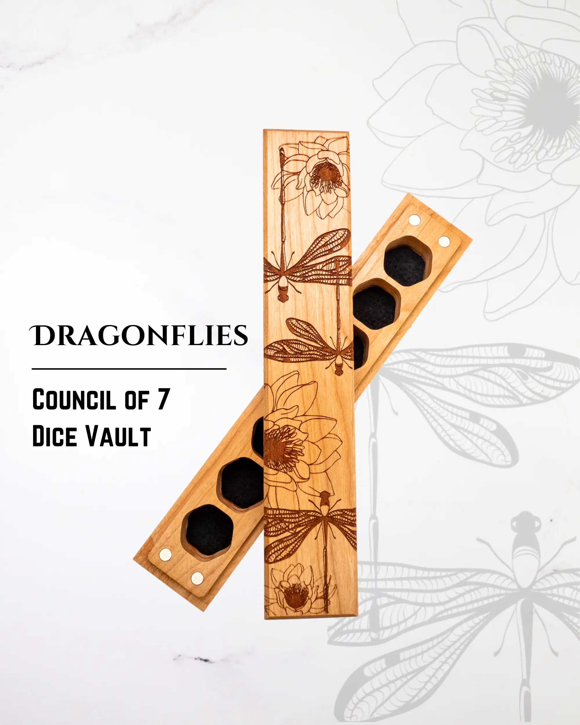 Talon & Claw engraved cherry dice vault featuring detailed dragonflies and the Council of 7 design for secure dice storage.