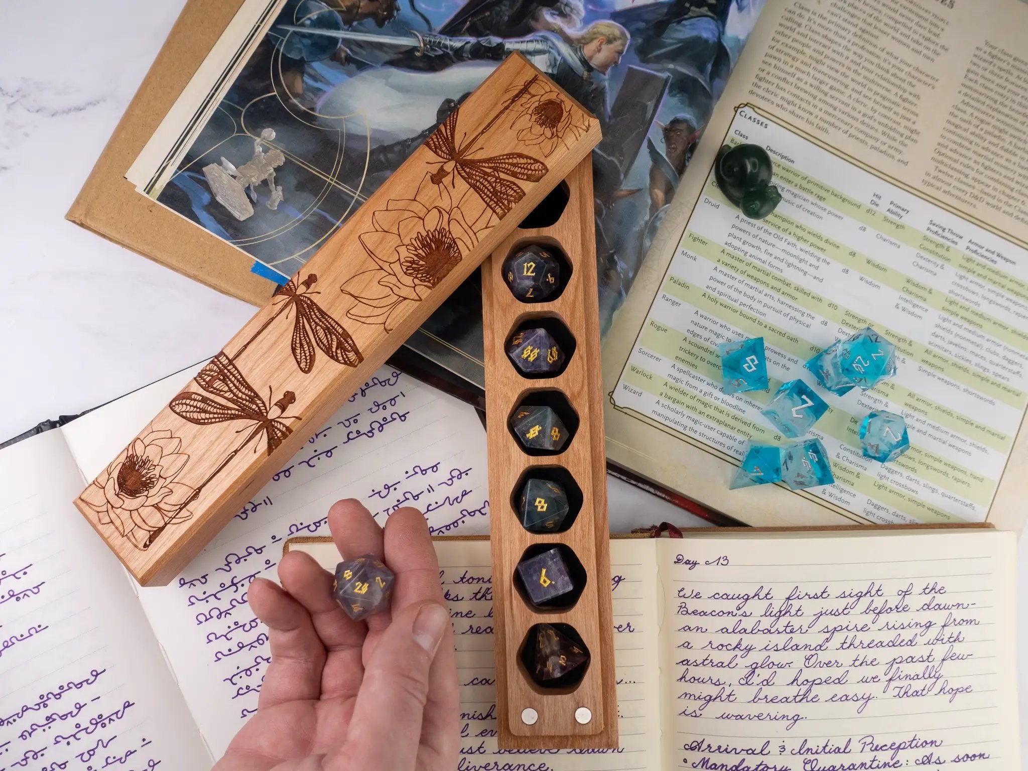 Cherry wood Talon & Claw Dragonflies engraved Council of 7 dice vault with detailed dragonfly design and secure lid.