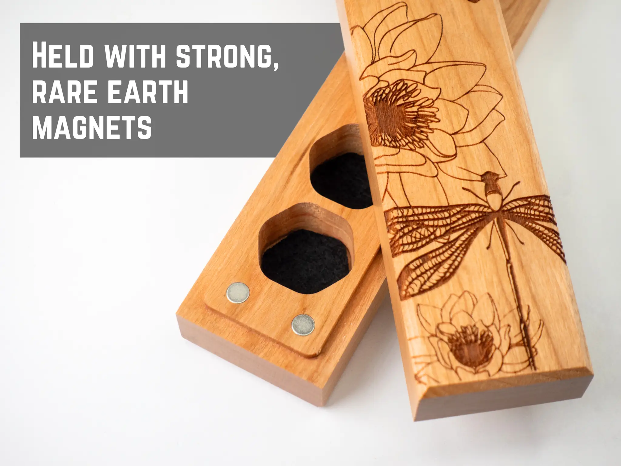 Talons & Claw engraved cherry wood dice vault with dragonfly design for storing council of 7 dice.