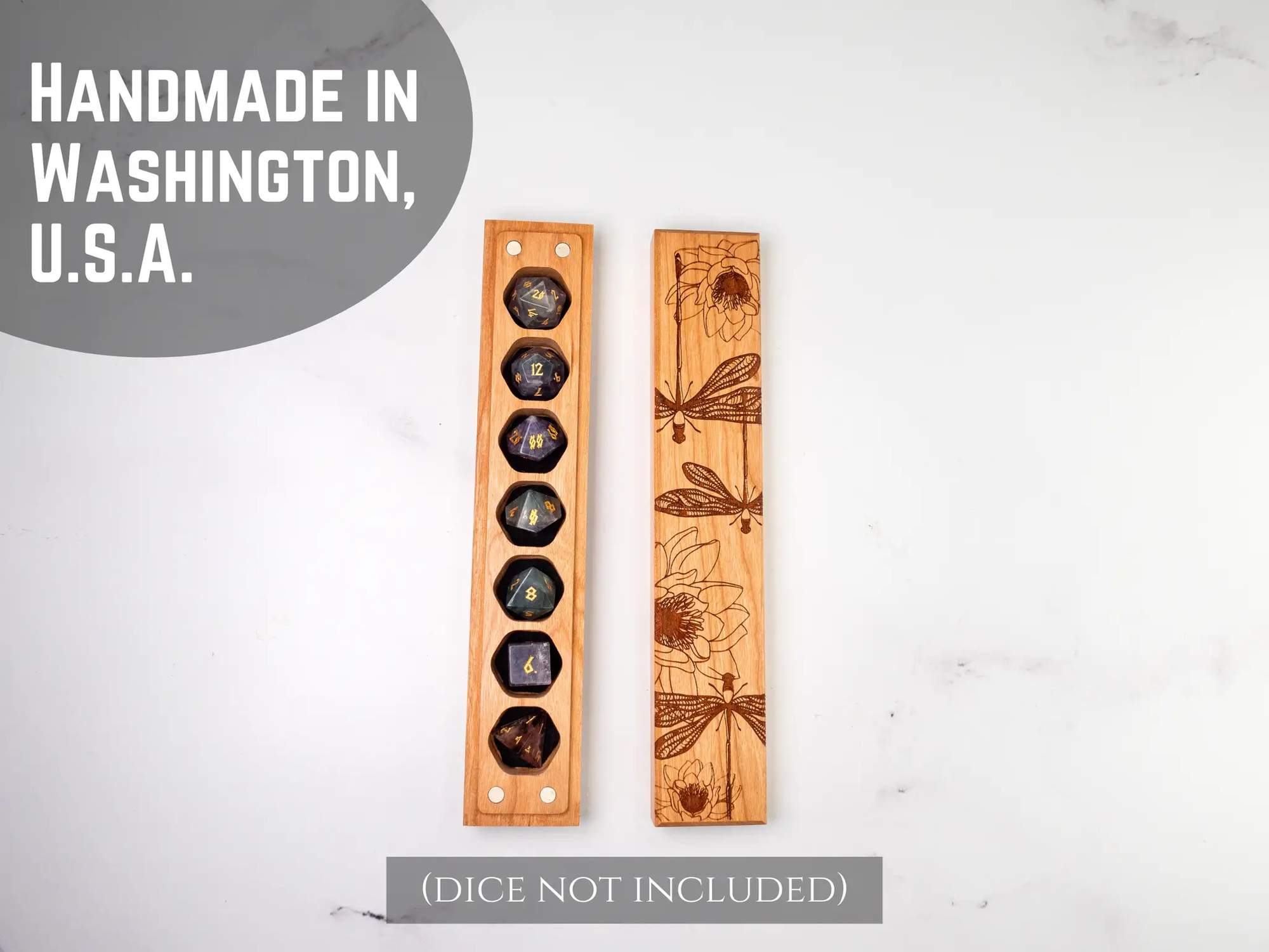 Cherry wood Talon & Claw Dragonflies engraved dice vault with intricate dragonfly designs for storing gaming dice.