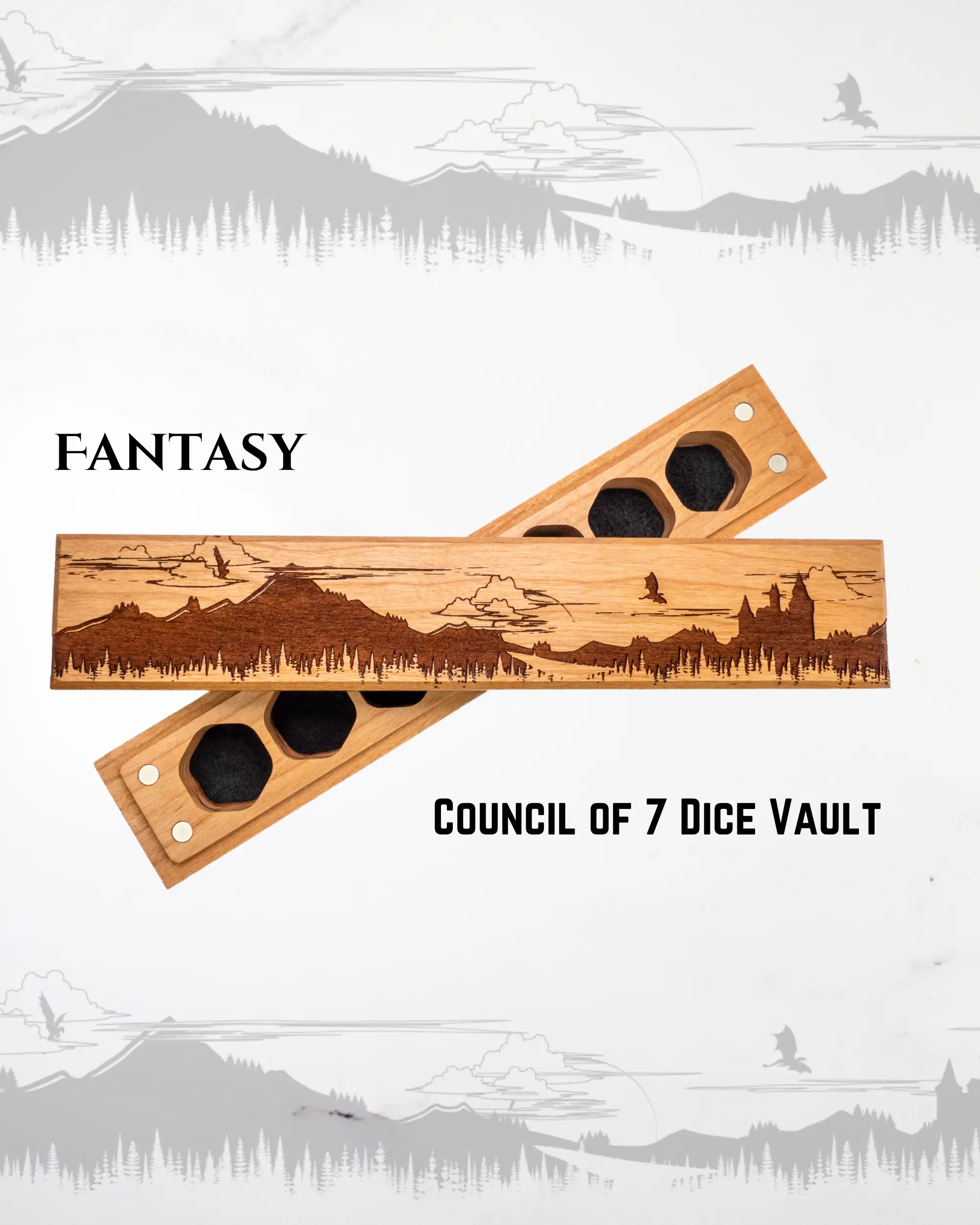 Talon & Claw Fantasy engraved Council of 7 dice vault in cherry wood with intricate carvings for tabletop gaming storage.