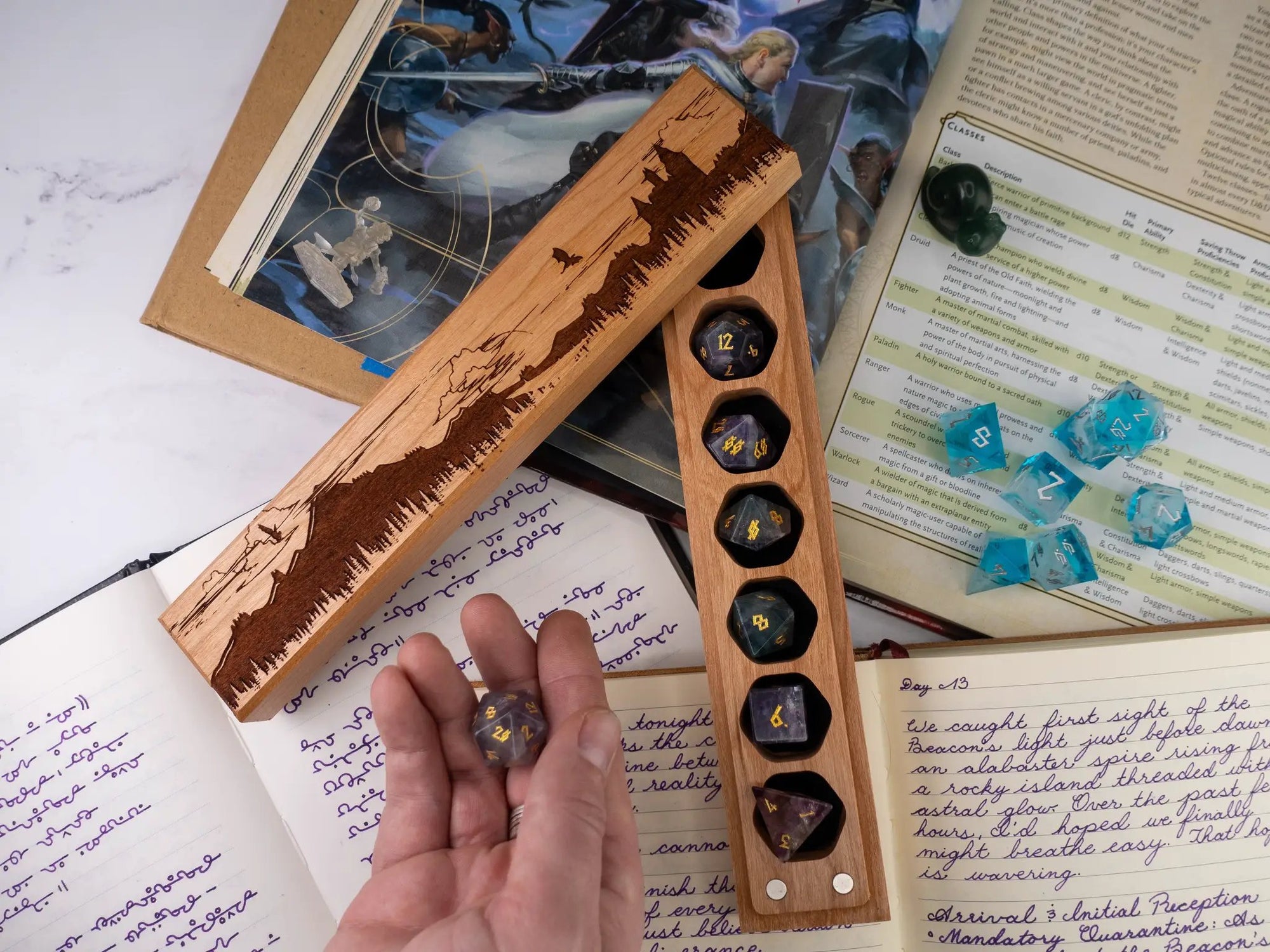 Talon & Claw Fantasy engraved Council of 7 dice vault in cherry wood with detailed carvings and secure lid.