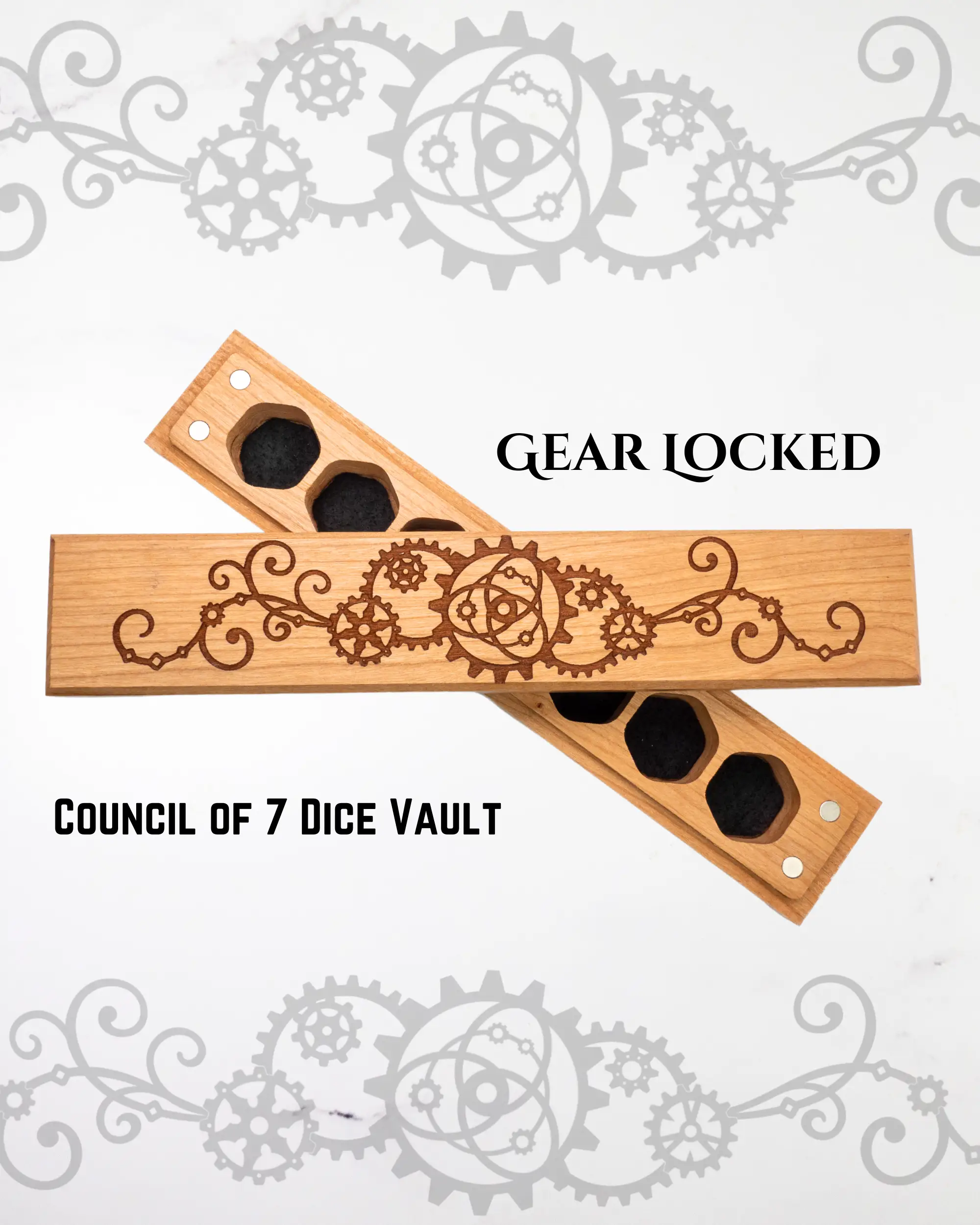 Talon & Claw engraved Cherry Dice Vault with Gear Locked design for storing the Council of 7 gaming dice.