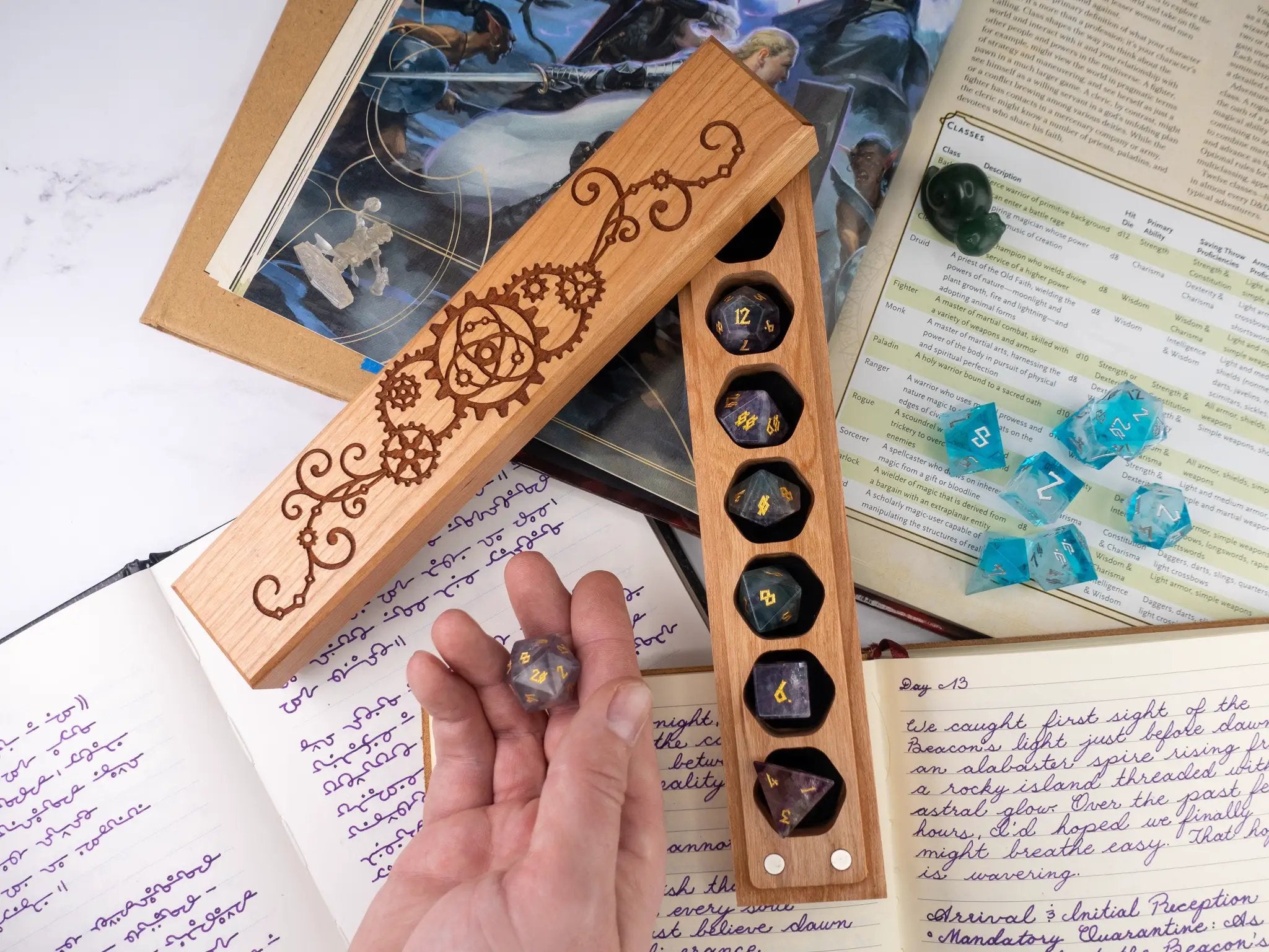 Talon & Claw Gear Locked engraved Council of 7 dice vault in cherry wood, featuring detailed carved design and secure lid.