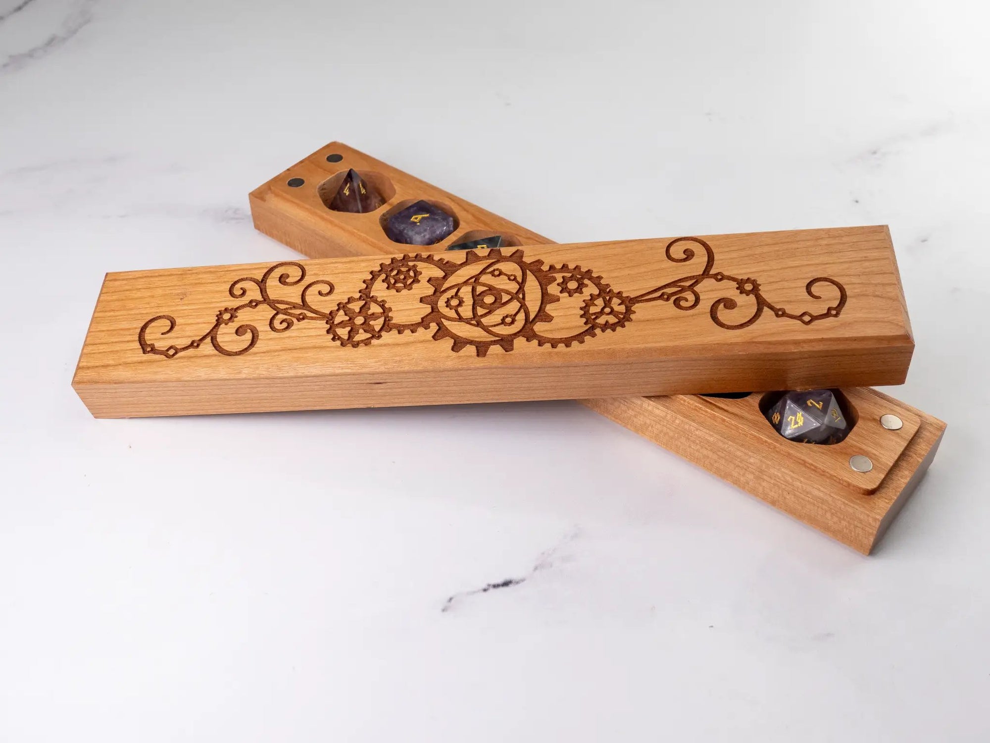 Talon & Claw Gear Locked engraved Council of 7 dice vault in cherry wood with detailed carvings and secure lid.