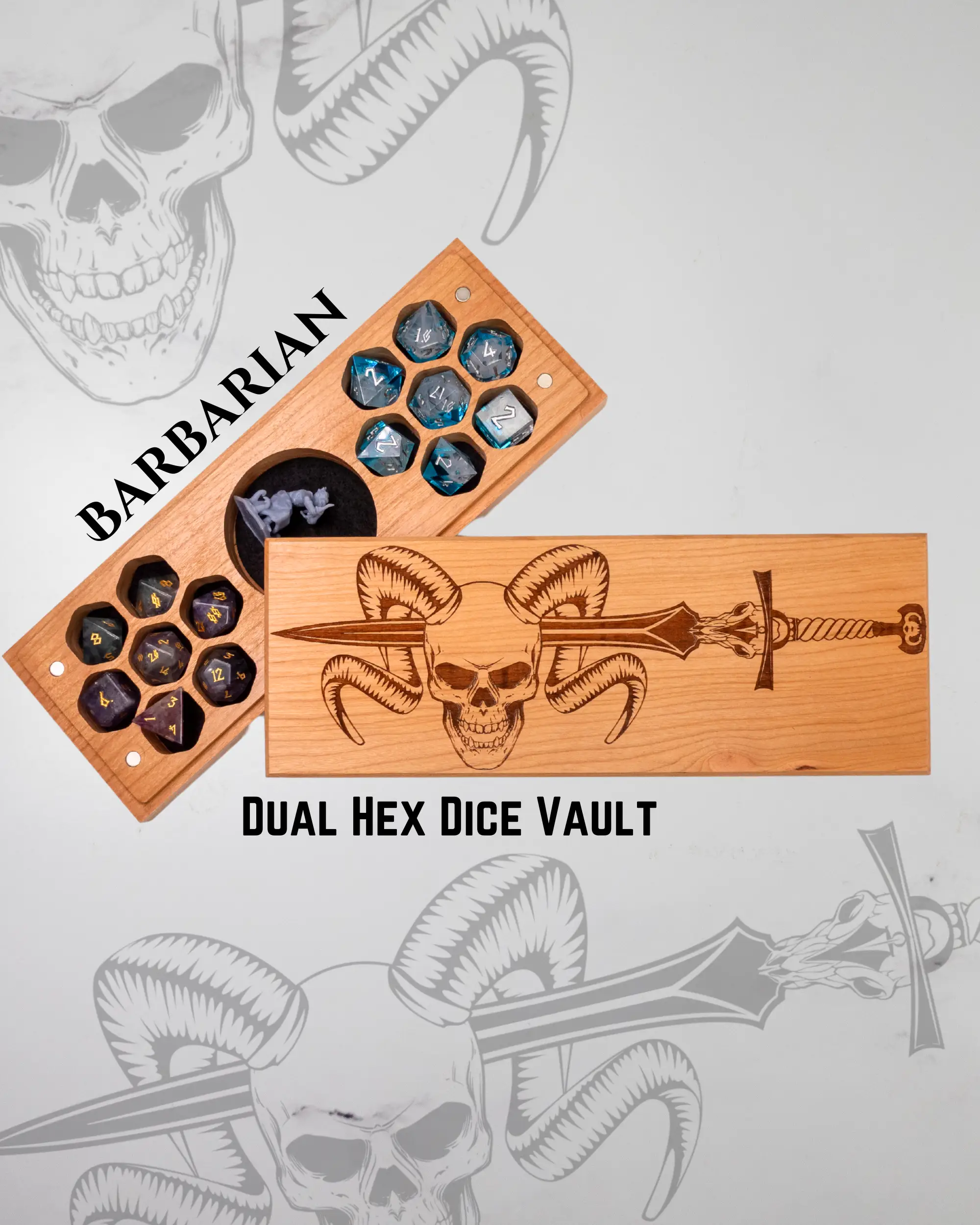 Purpleheart Talon & Claw Barbarian engraved dual hex dice vault with detailed carved design and secure lid for tabletop gaming accessories.