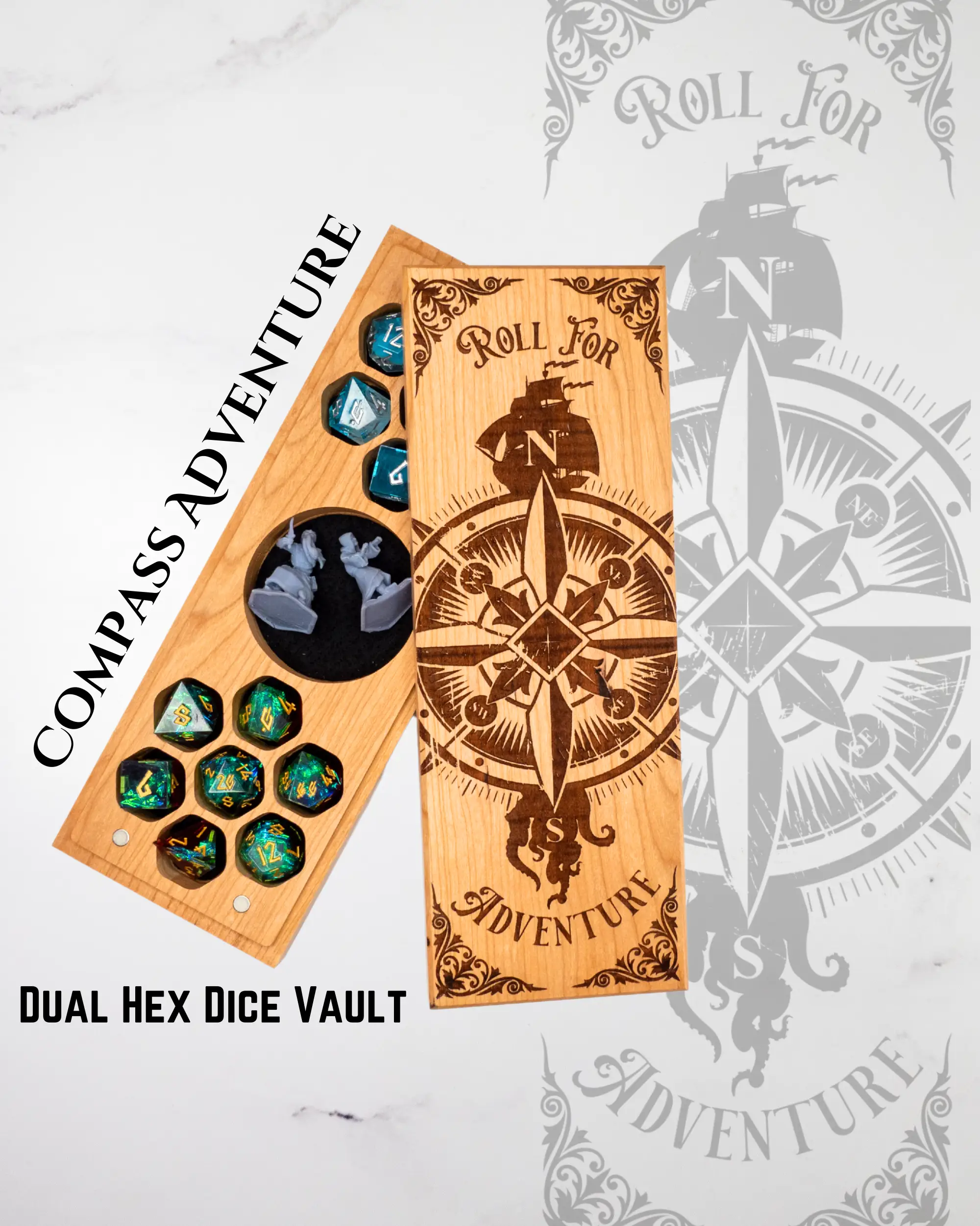 Talon & Claw Compass Adventure engraved dual hex dice vault made of purpleheart wood with compass design for secure dice storage
