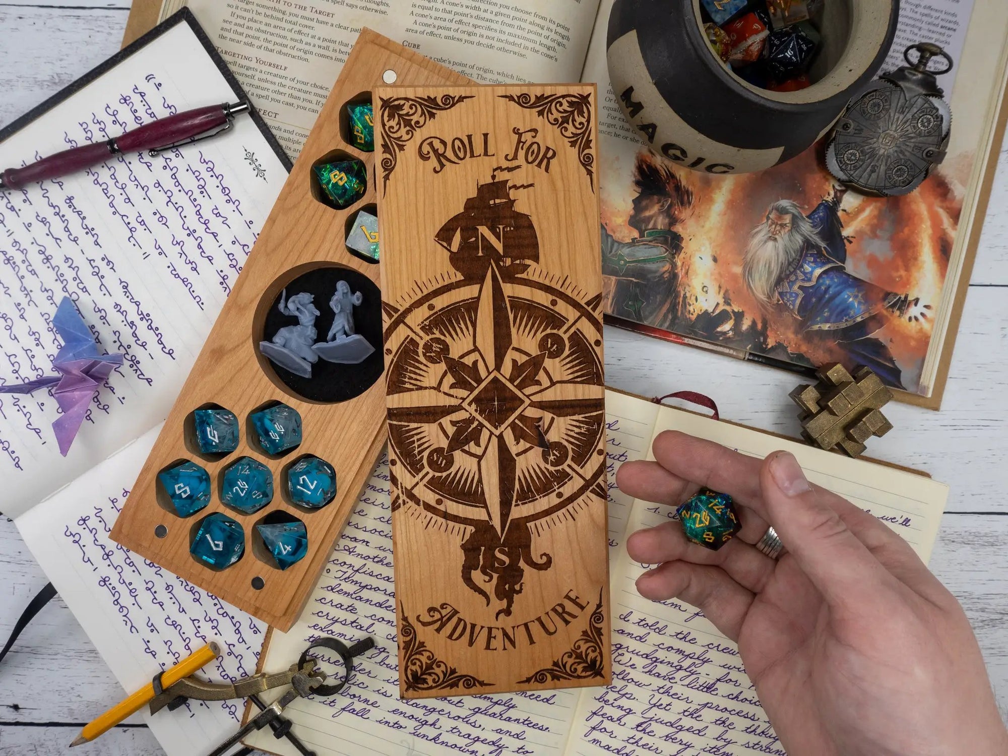 Talon & Claw Compass Adventure engraved dual hex dice vault in purpleheart wood, featuring detailed compass design for tabletop gaming.