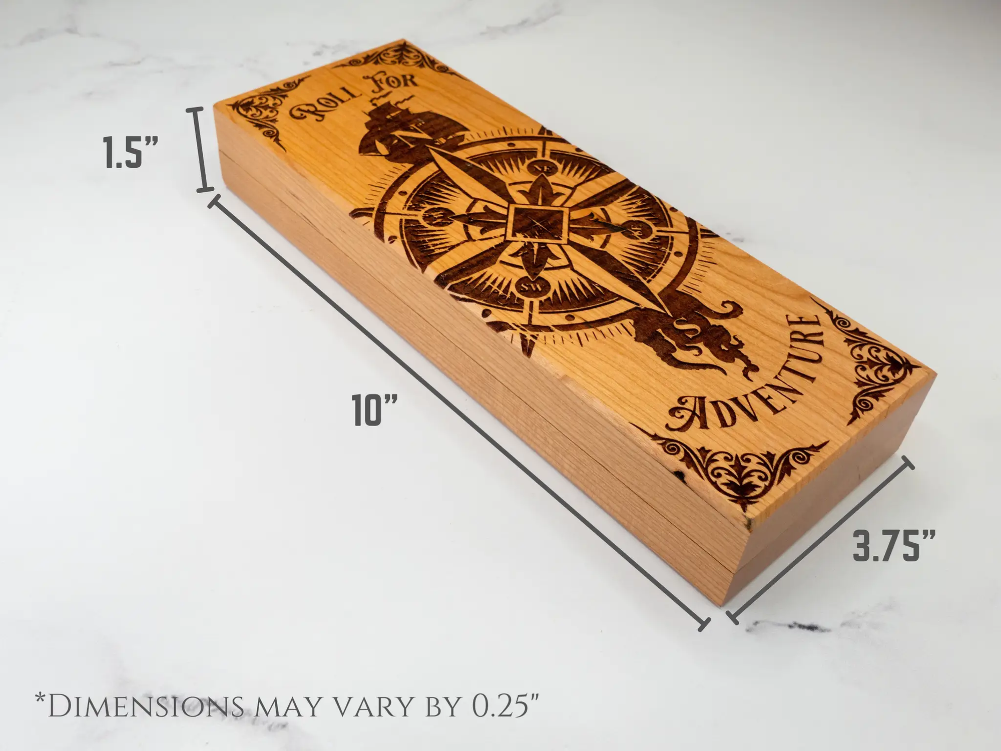 Talon & Claw Compass Adventure engraved dual hex dice vault made of purpleheart wood with compass design for storing gaming dice.