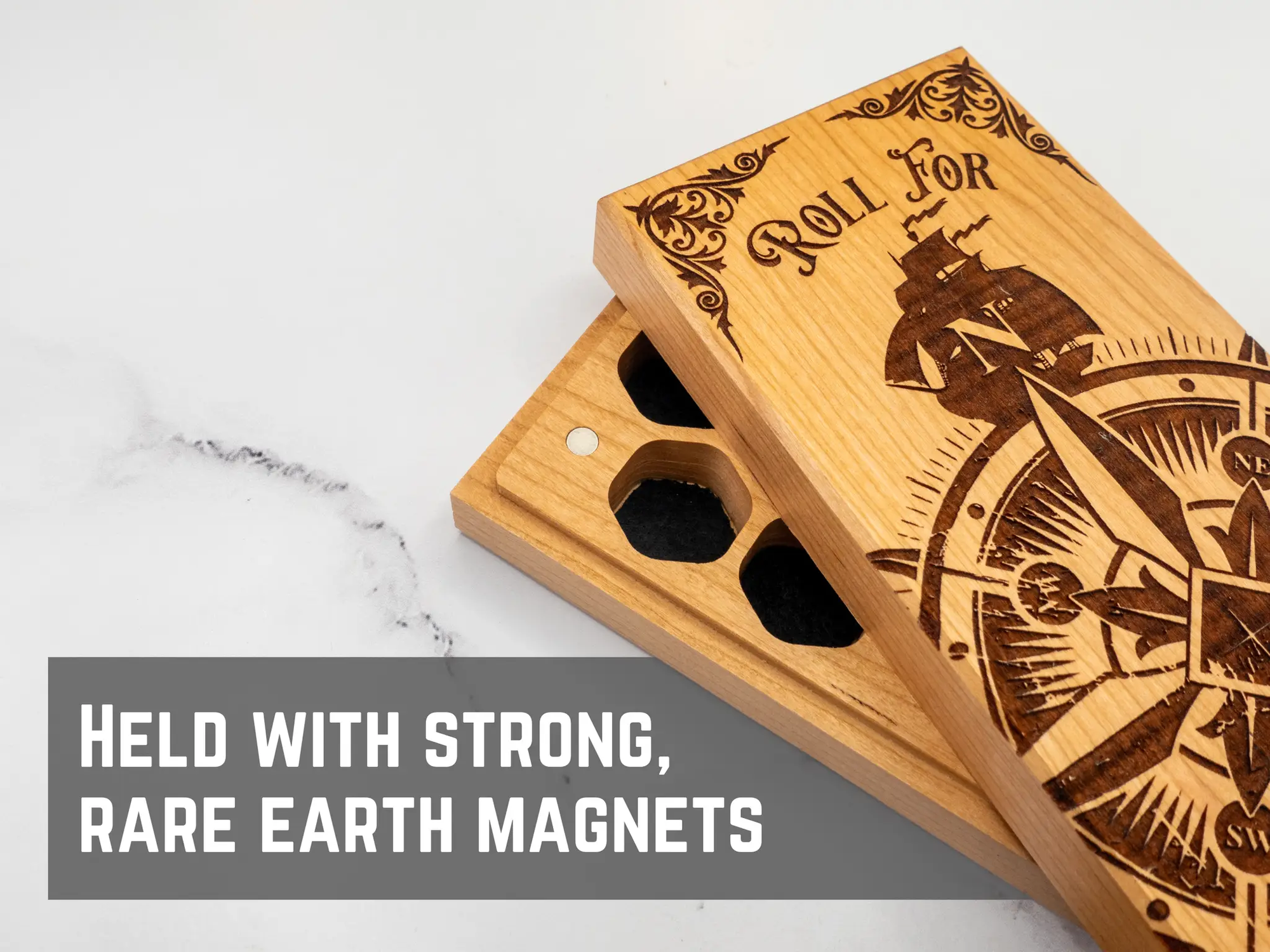 Talon & Claw Compass Adventure engraved dual hex dice vault made of purpleheart wood with compass design and secure lid.