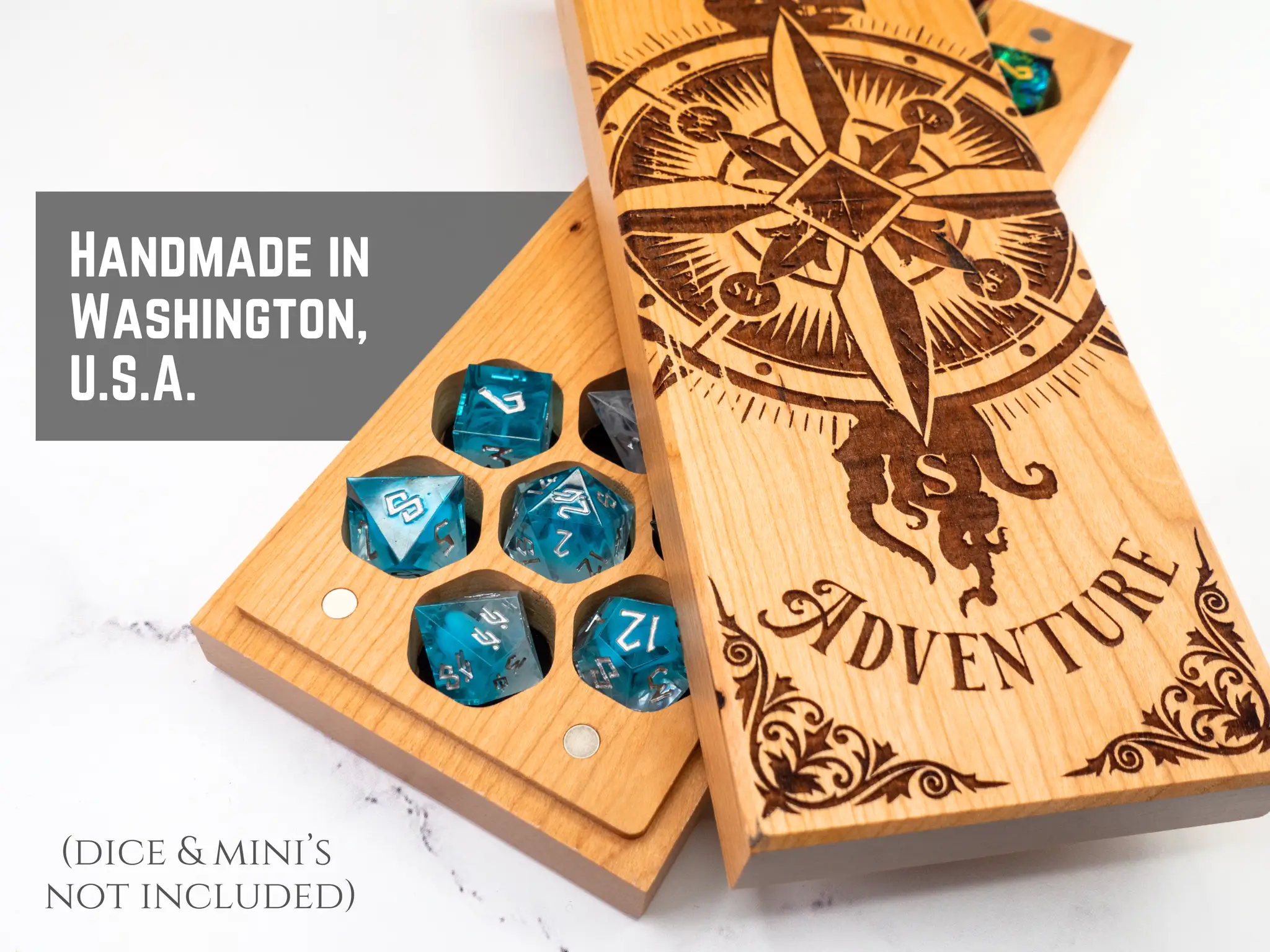 Purpleheart engraved dual hex dice vault by Talon & Claw, featuring compass adventure design for secure storage of gaming dice.