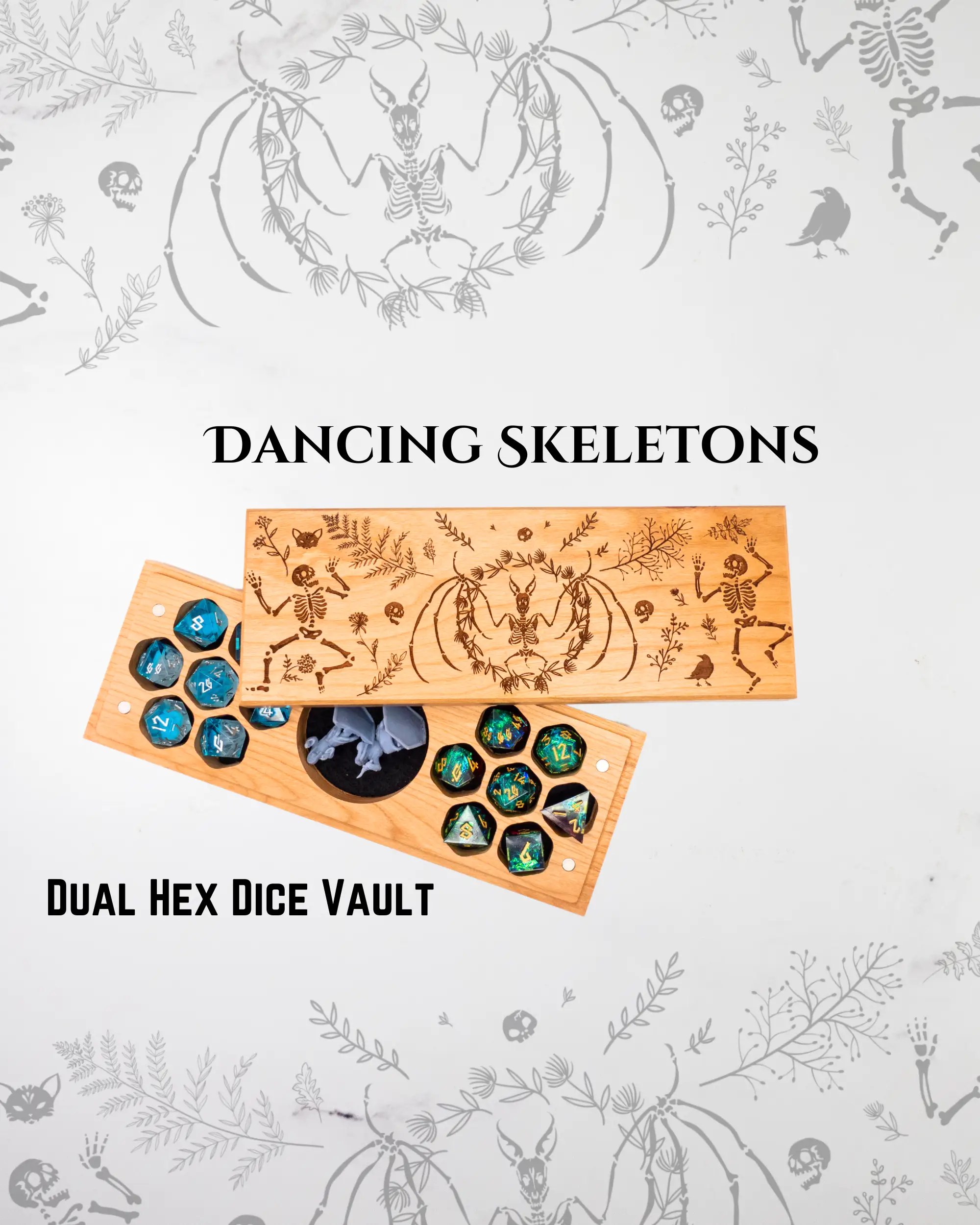 Purpleheart Talon & Claw dice vault engraved with dancing skeletons, designed for secure storage of dual hex dice.