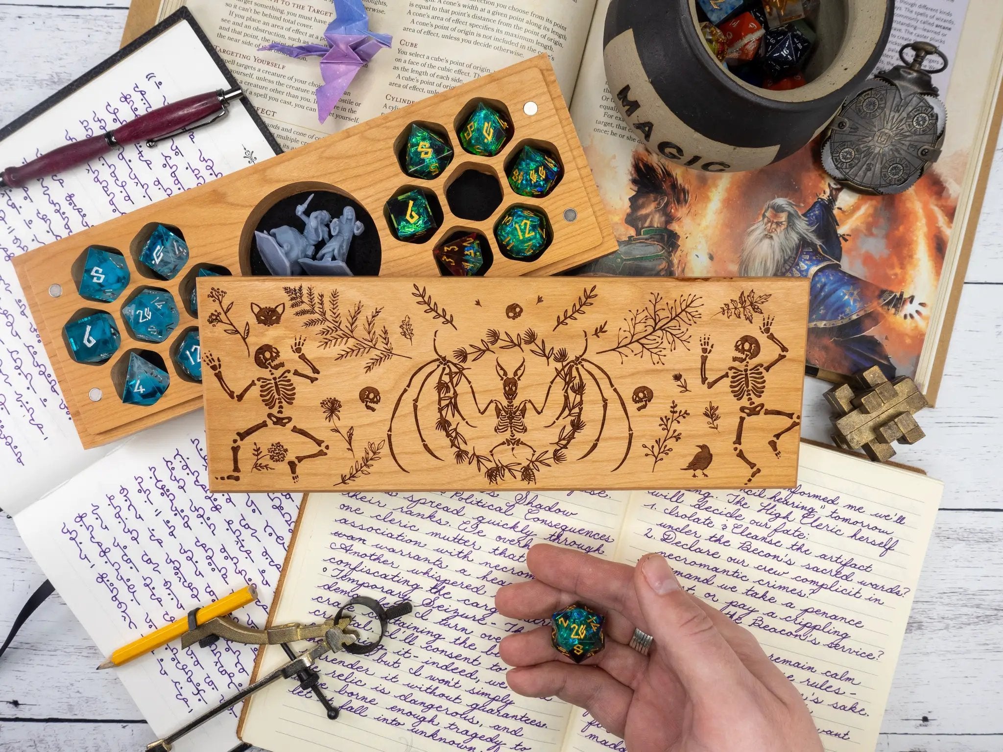 Purpleheart Talon & Claw Dancing Skeletons engraved dual hex dice vault with carved skeleton design and secure lid for tabletop gaming.