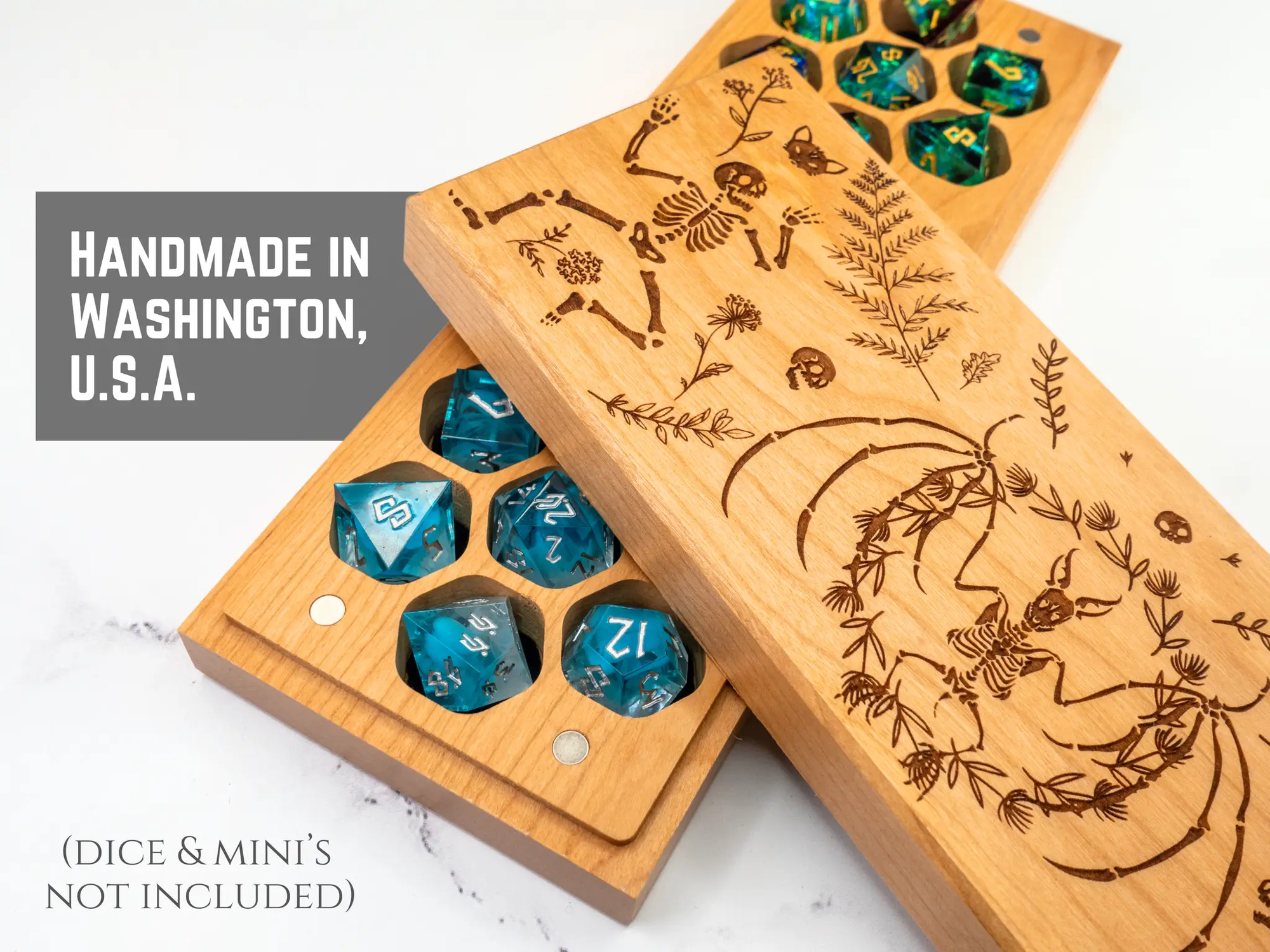 Purpleheart Talon & Claw Dancing Skeletons engraved dual hex dice vault with detailed skeleton design and secure lid.