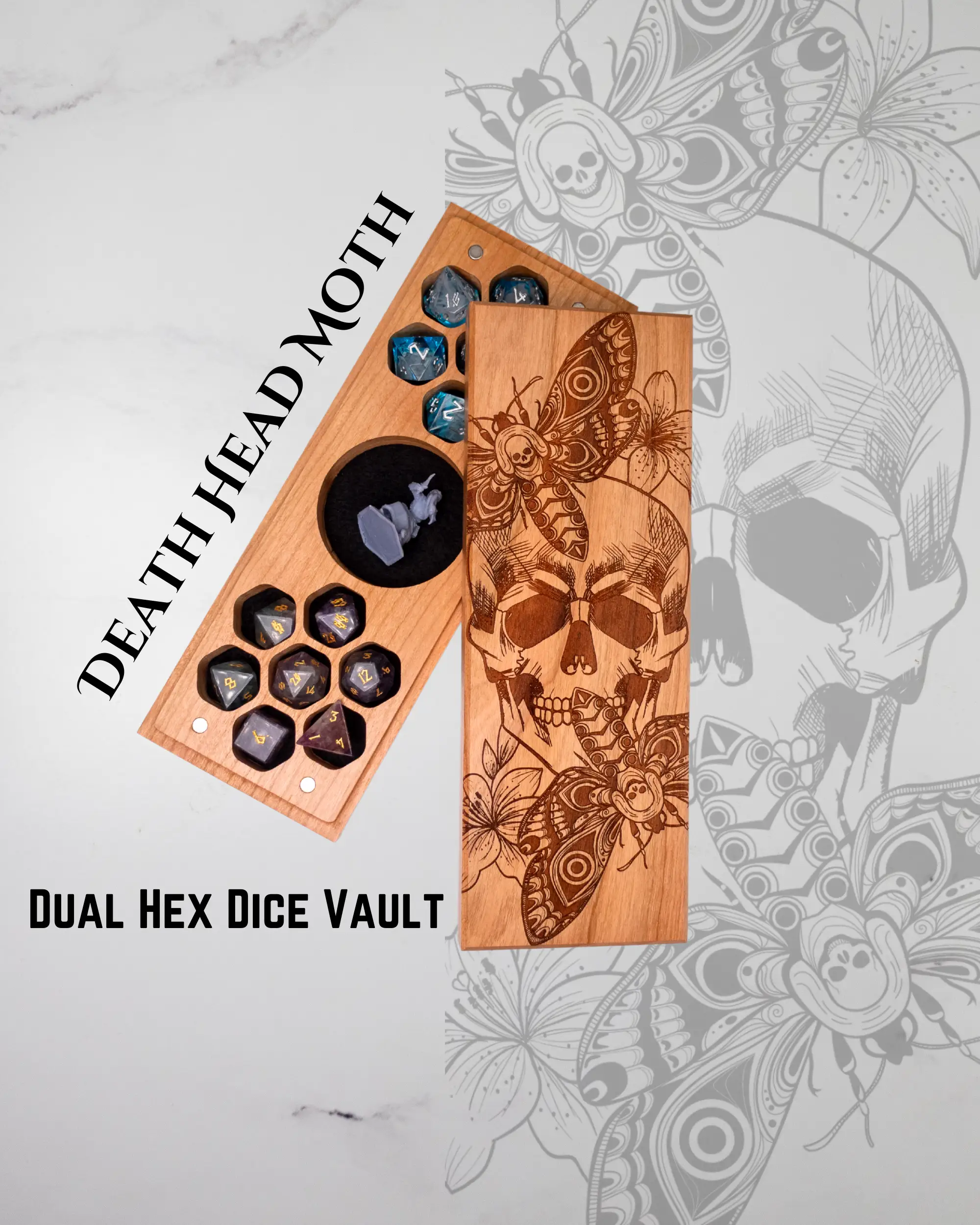 Purpleheart Death Head Moth engraved dual hex dice vault by Talon & Claw, featuring intricate moth design and secure storage for dice.