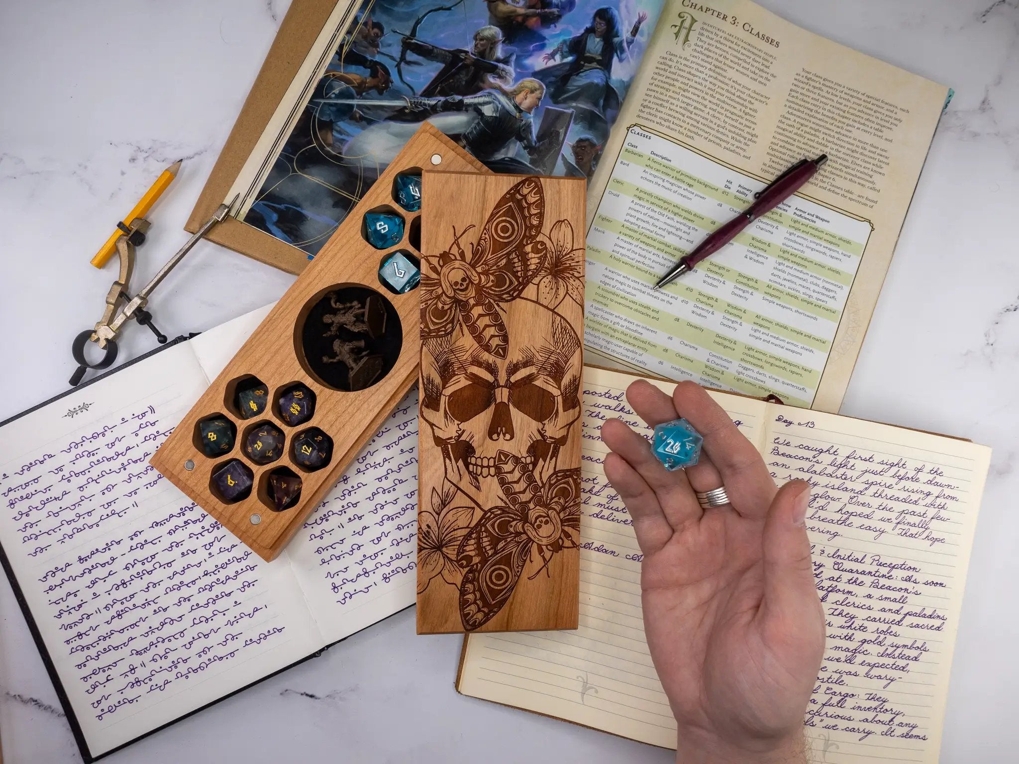 Purpleheart Death Head Moth engraved dual hex dice vault by Talon & Claw, showcasing intricate moth design and secure storage.