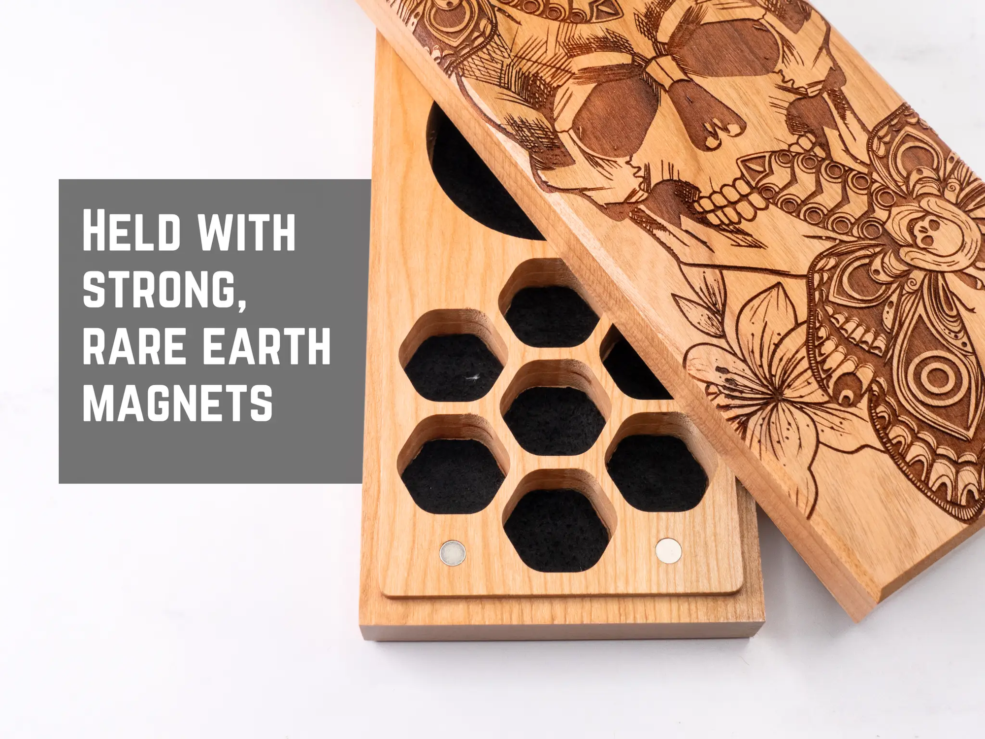 Purpleheart Death Head Moth engraved dual hex dice vault by Talon & Claw, crafted for secure storage of gaming dice.