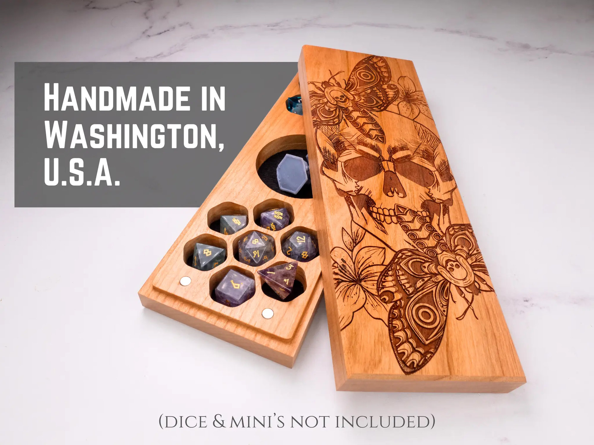 Purpleheart Death Head Moth engraved dual hex dice vault by Talon & Claw, crafted for secure dice storage and display.