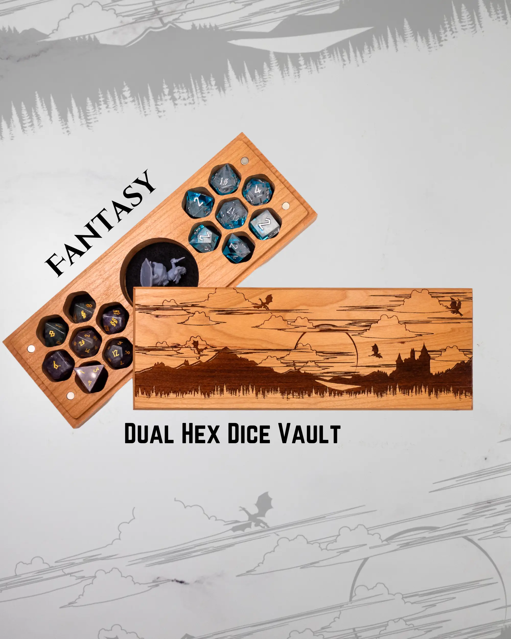 Talon & Claw Fantasy engraved dual hex dice vault made of purpleheart wood with intricate fantasy designs.