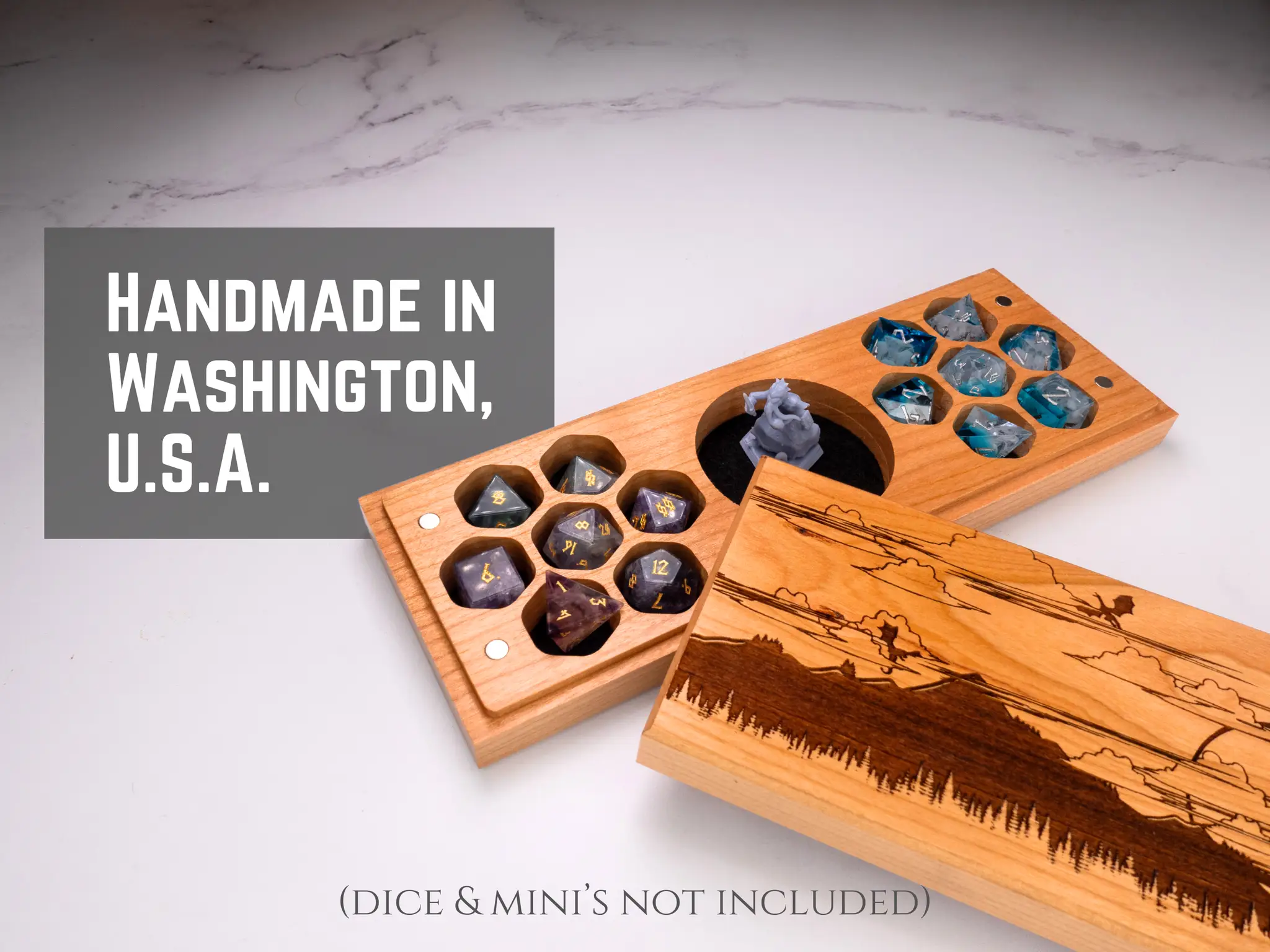 Talons & Claw Fantasy engraved dual hex dice vault in purpleheart wood with intricate carvings for storing gaming dice.