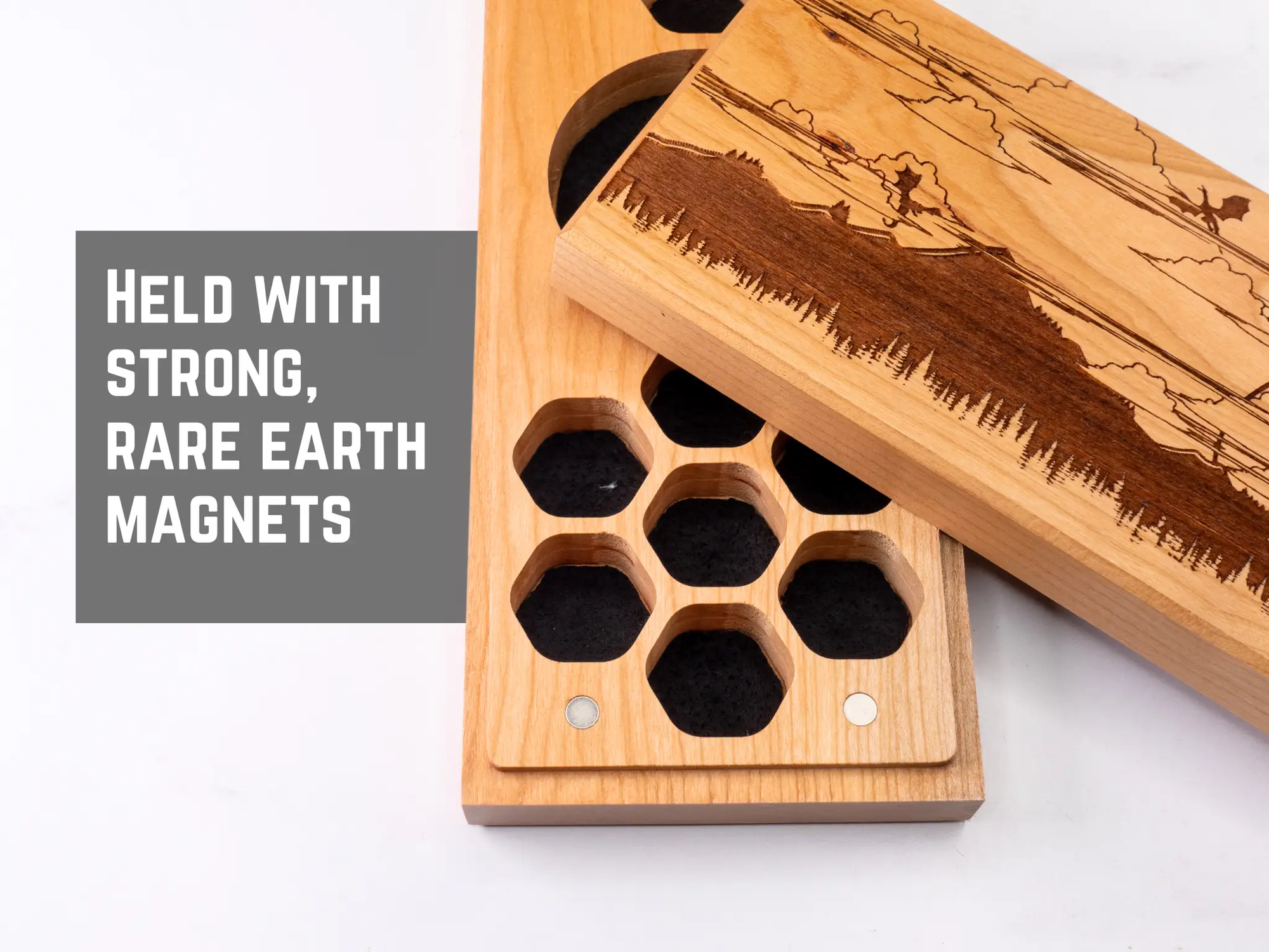 Talon & Claw Fantasy engraved dual hex dice vault made of purpleheart wood with intricate fantasy designs.