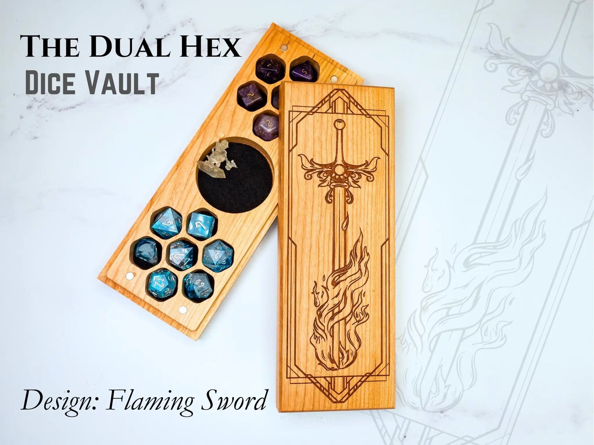 Purpleheart dice vault by Talon & Claw featuring a flaming sword design and dual hex shape for tabletop gaming accessories.